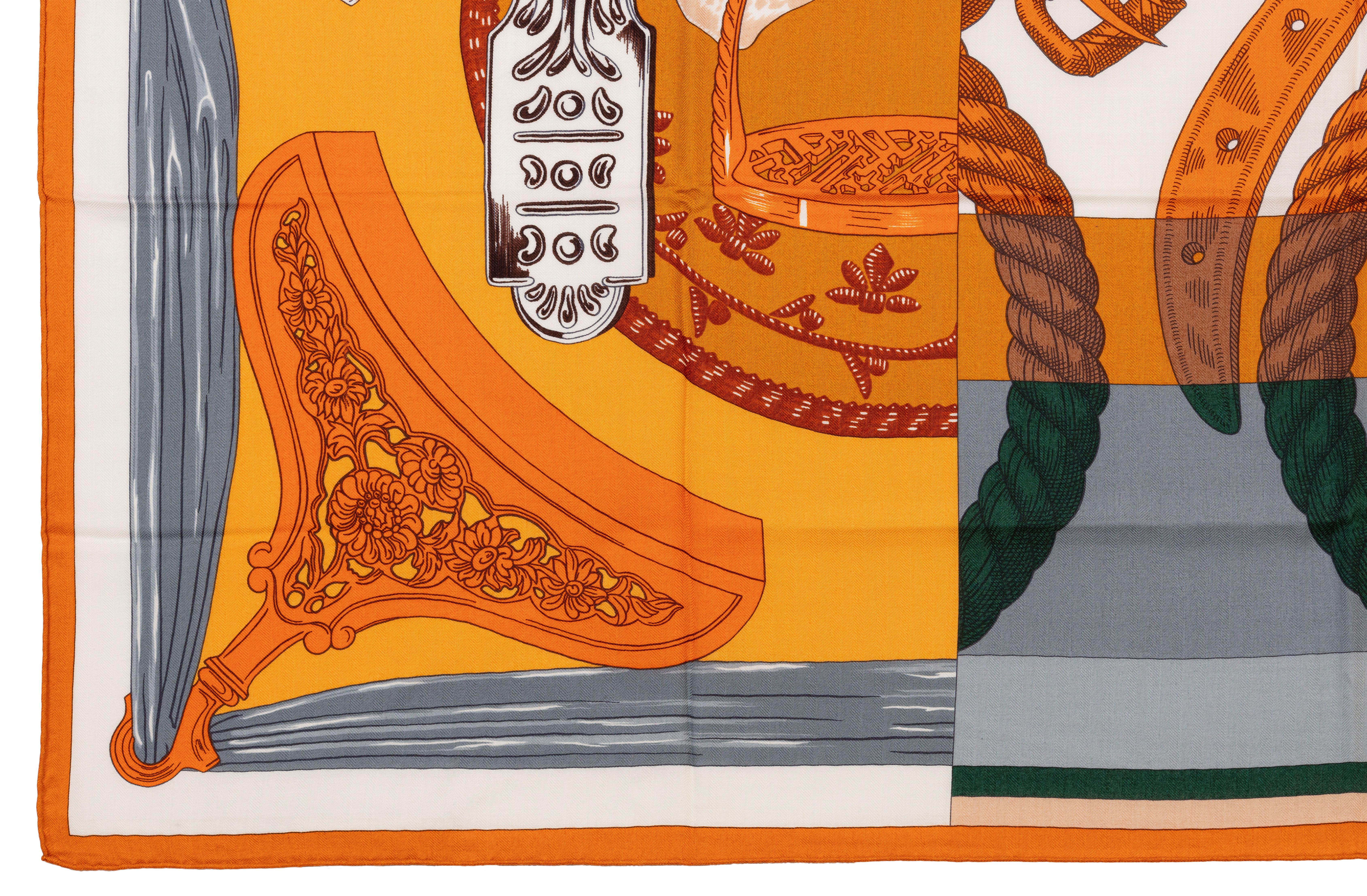 Auth. Hermes Shawl CS140 Della Cavalleria D Etriers - Caramel  White NEW RARE For Sale 3