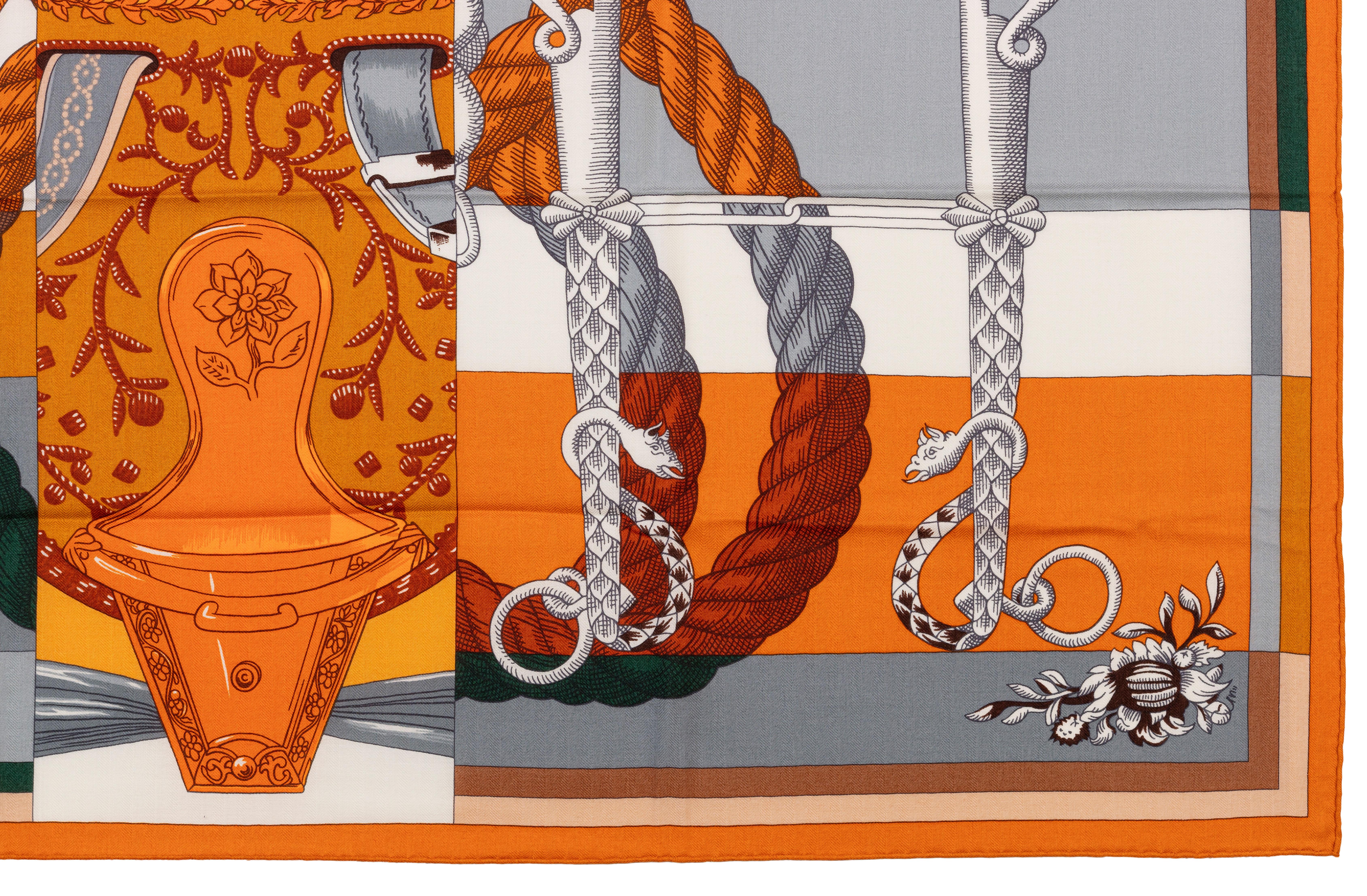 Auth. Hermes Shawl CS140 Della Cavalleria D Etriers - Caramel  White NEW RARE For Sale 4
