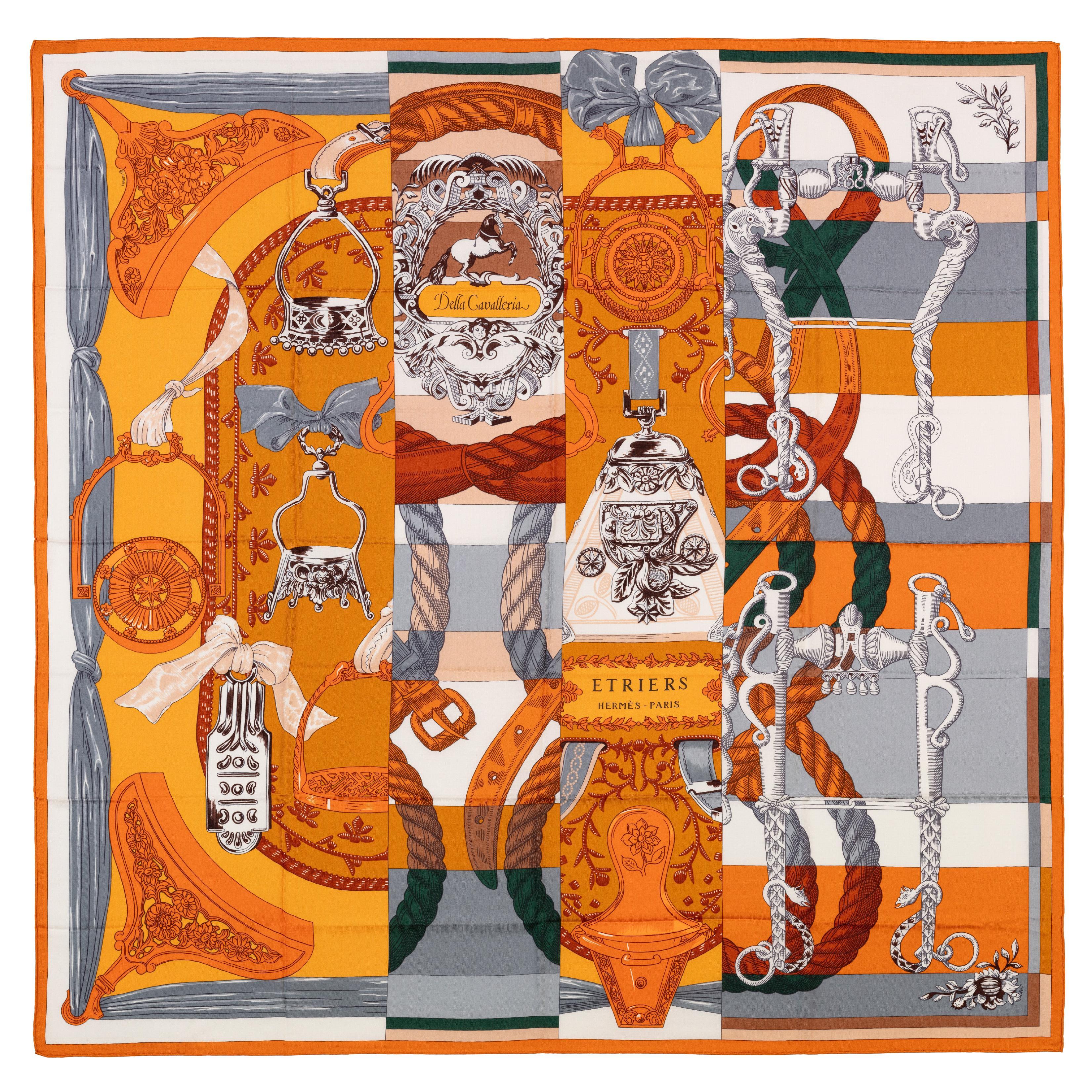 Auth. Hermes Shawl CS140 Della Cavalleria D Etriers - Caramel  White NEW RARE For Sale