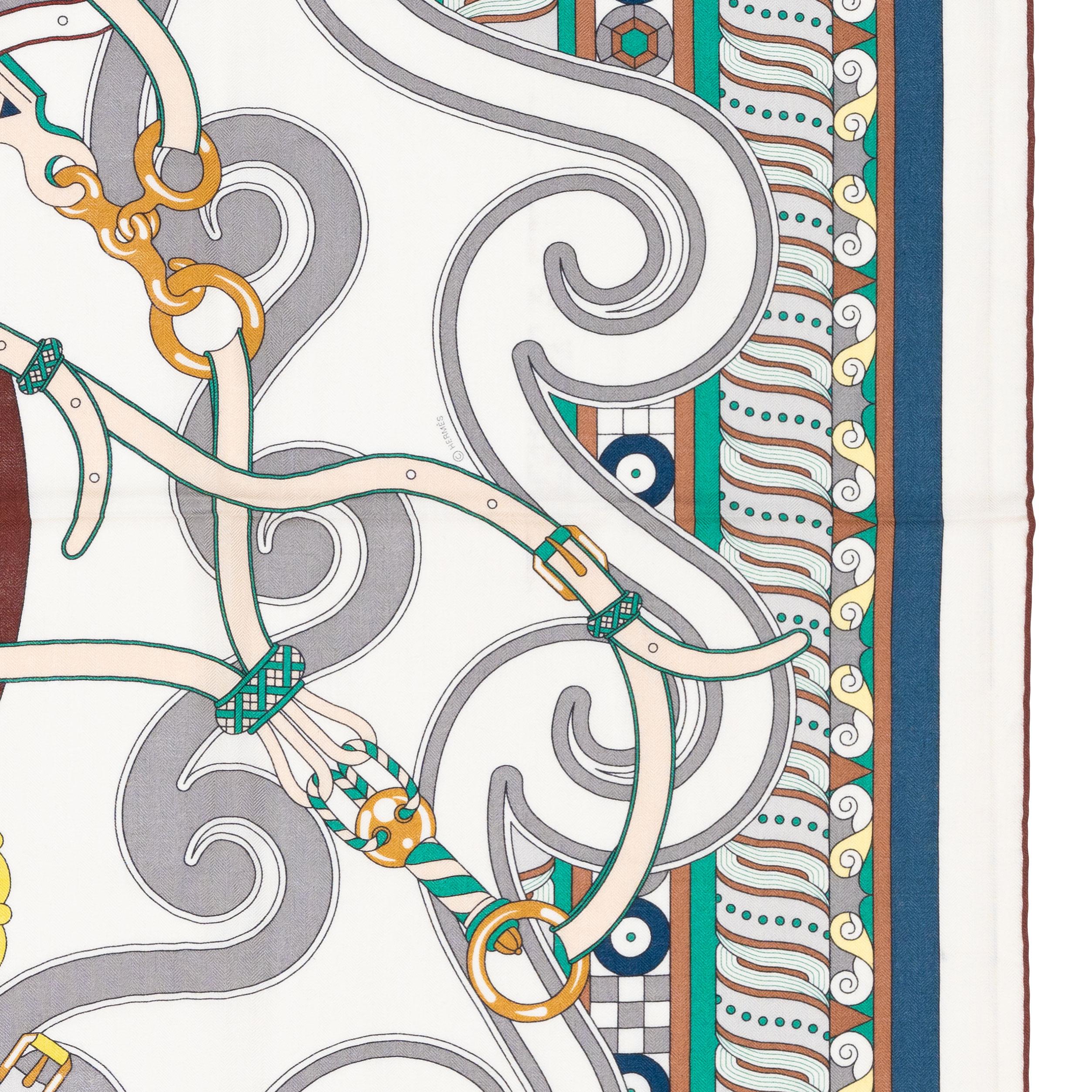 Auth. Hermes Châle CS140 Harnais en Rosace - Blanc Vert Brun New Store Tag en vente 5