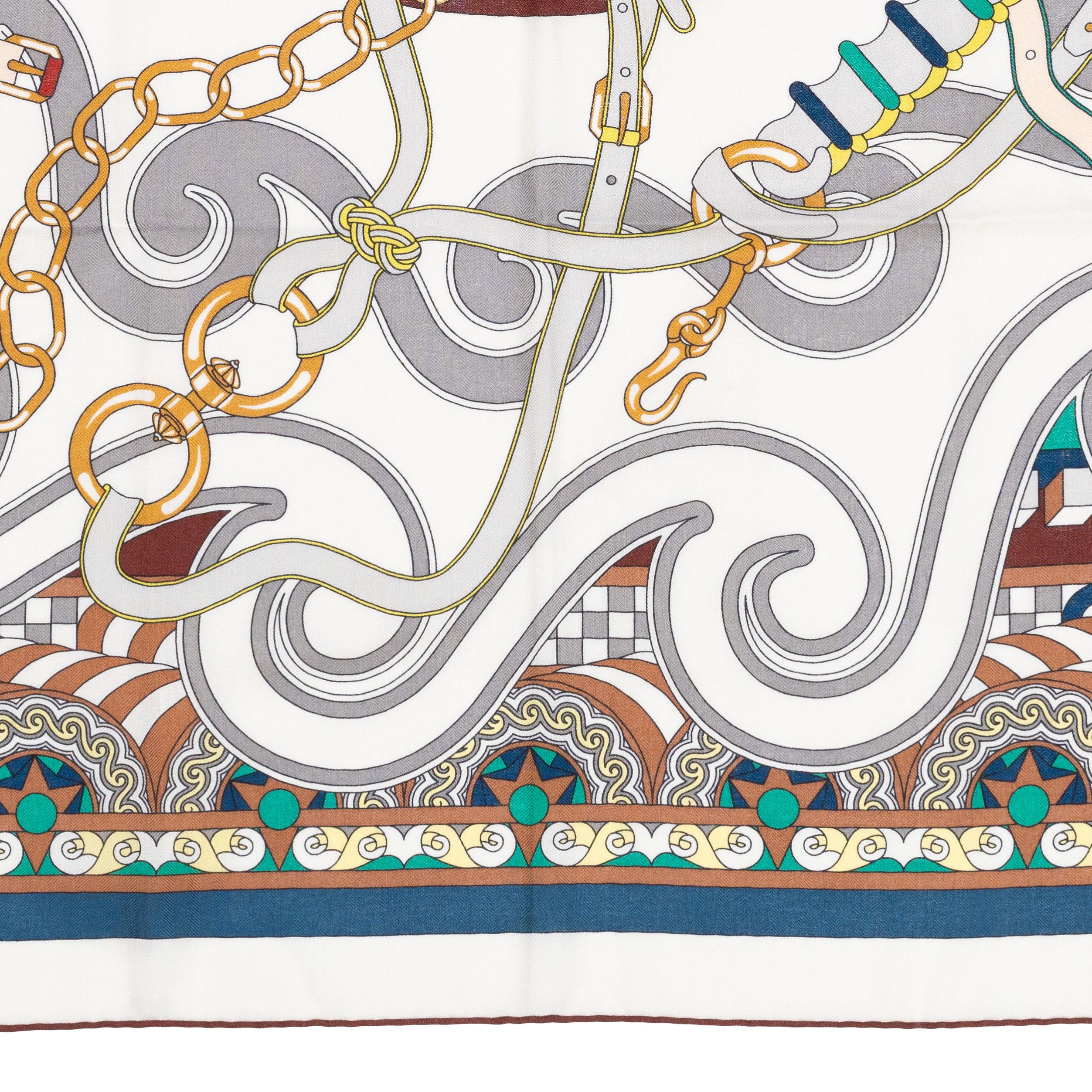 Auth. Hermes Châle CS140 Harnais en Rosace - Blanc Vert Brun New Store Tag en vente 7