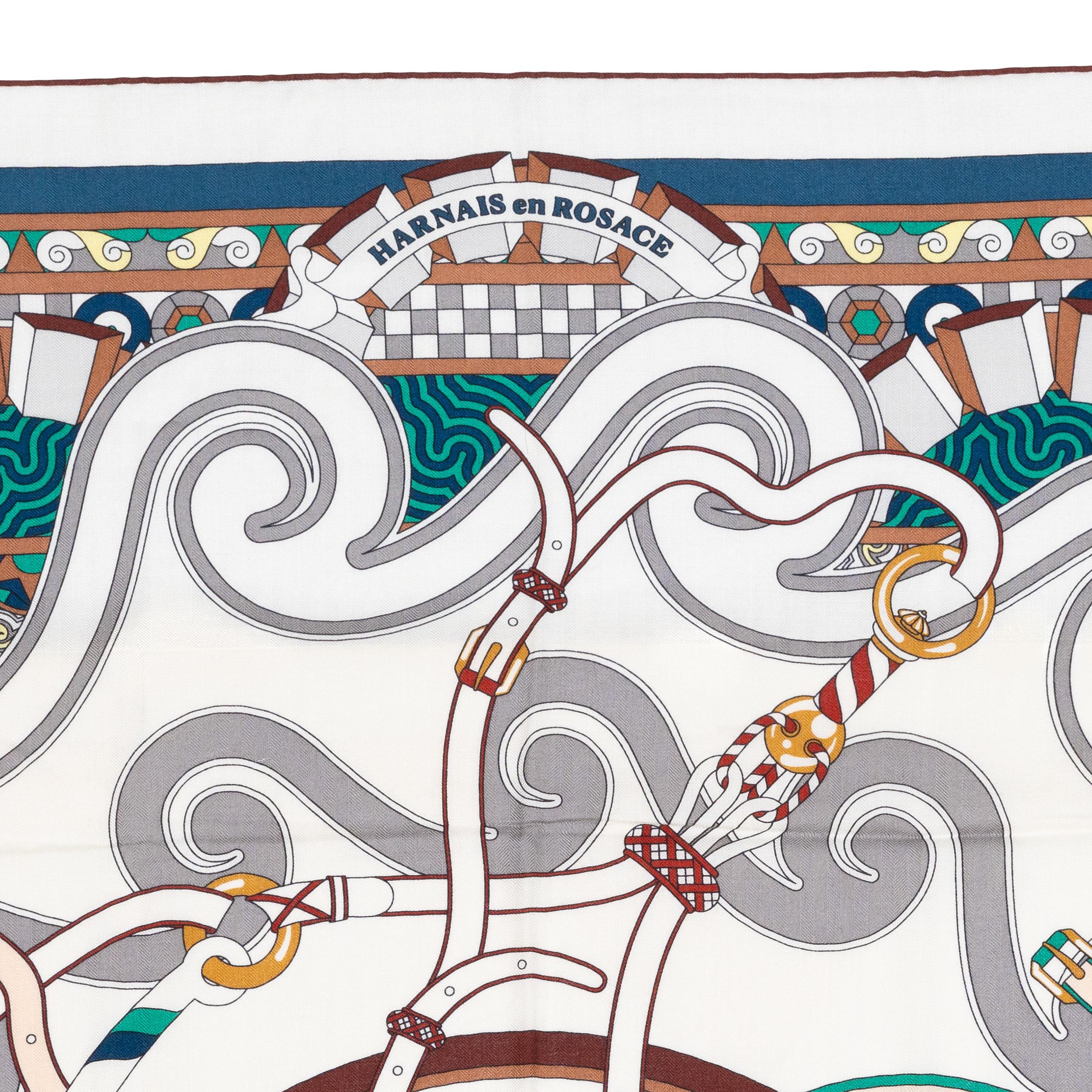 Auth. Hermes Châle CS140 Harnais en Rosace - Blanc Vert Brun New Store Tag en vente 1