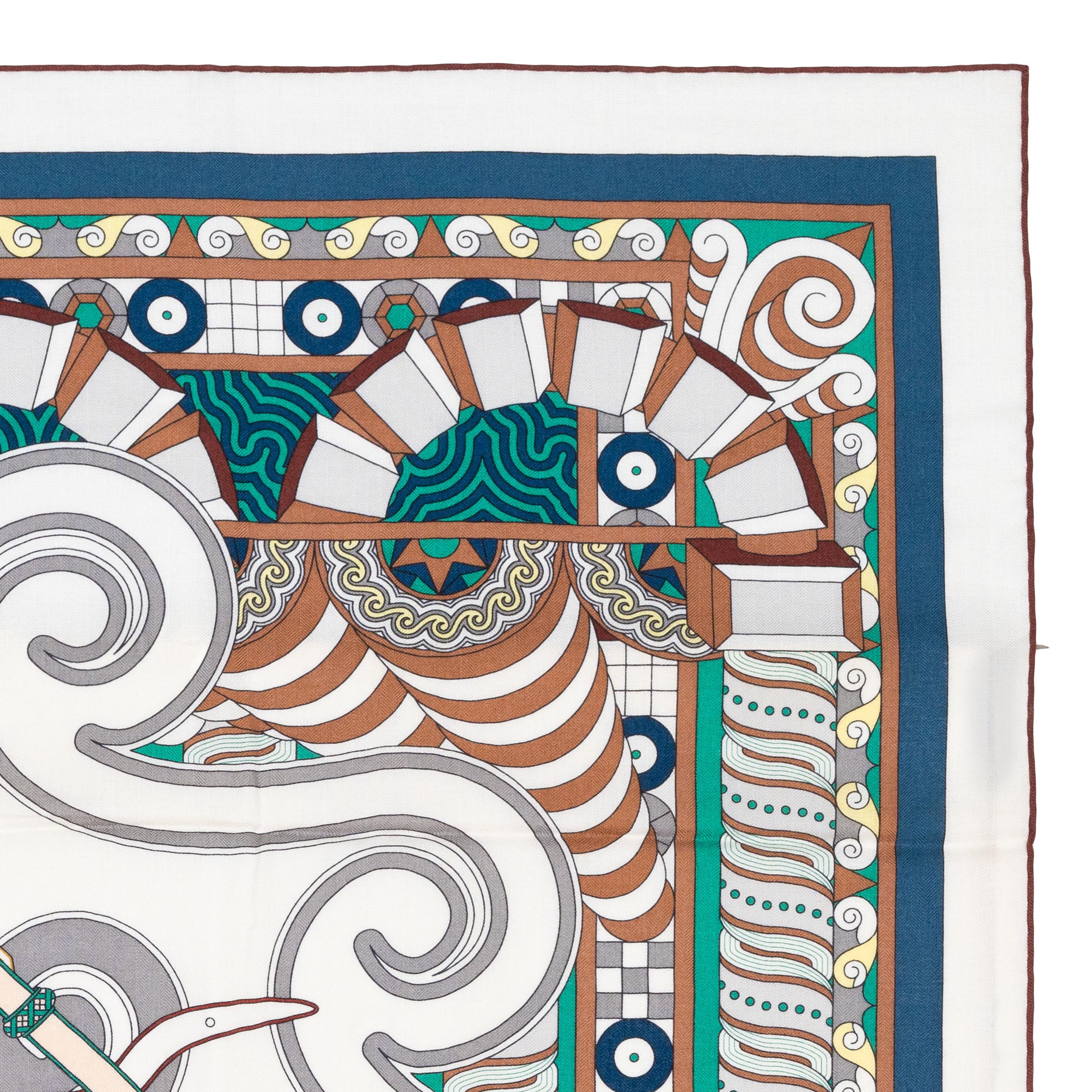 Auth. Hermes Châle CS140 Harnais en Rosace - Blanc Vert Brun New Store Tag en vente 2