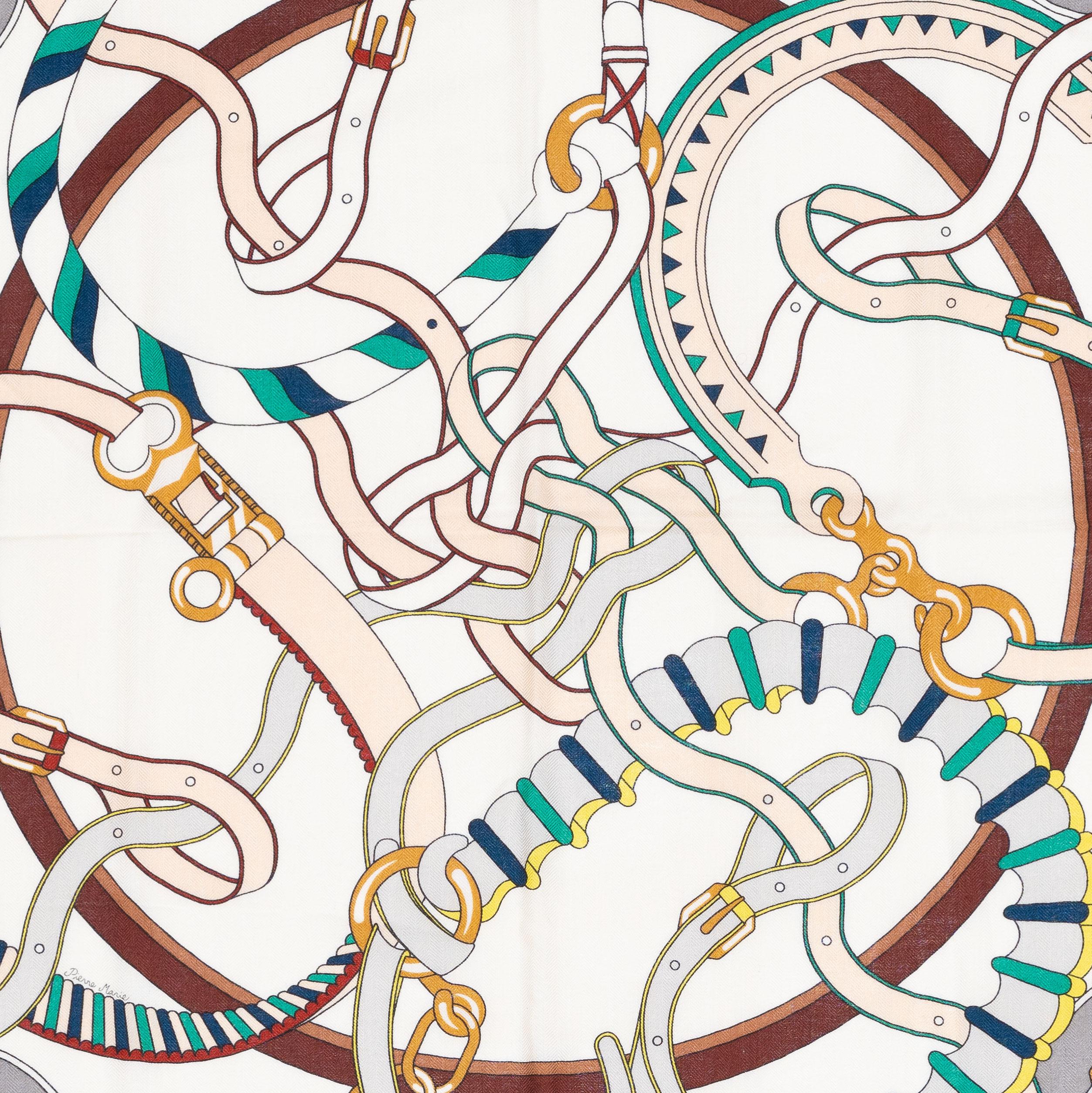 Auth. Hermes Châle CS140 Harnais en Rosace - Blanc Vert Brun New Store Tag en vente 4