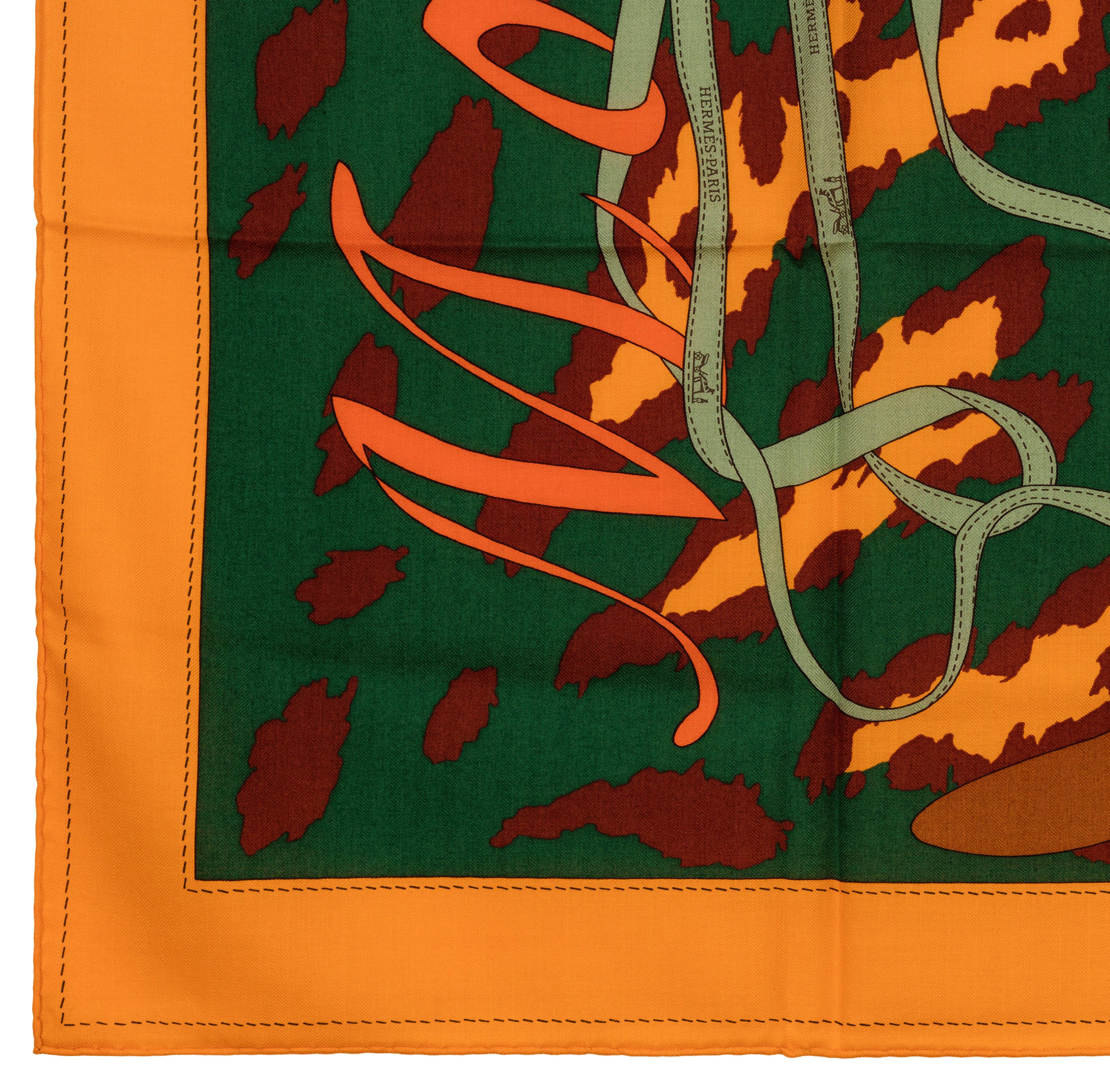 Auth. Hermes Shawl CS140 Monsieur et Madame II - CS140 - orange Green Brown NEW For Sale 7