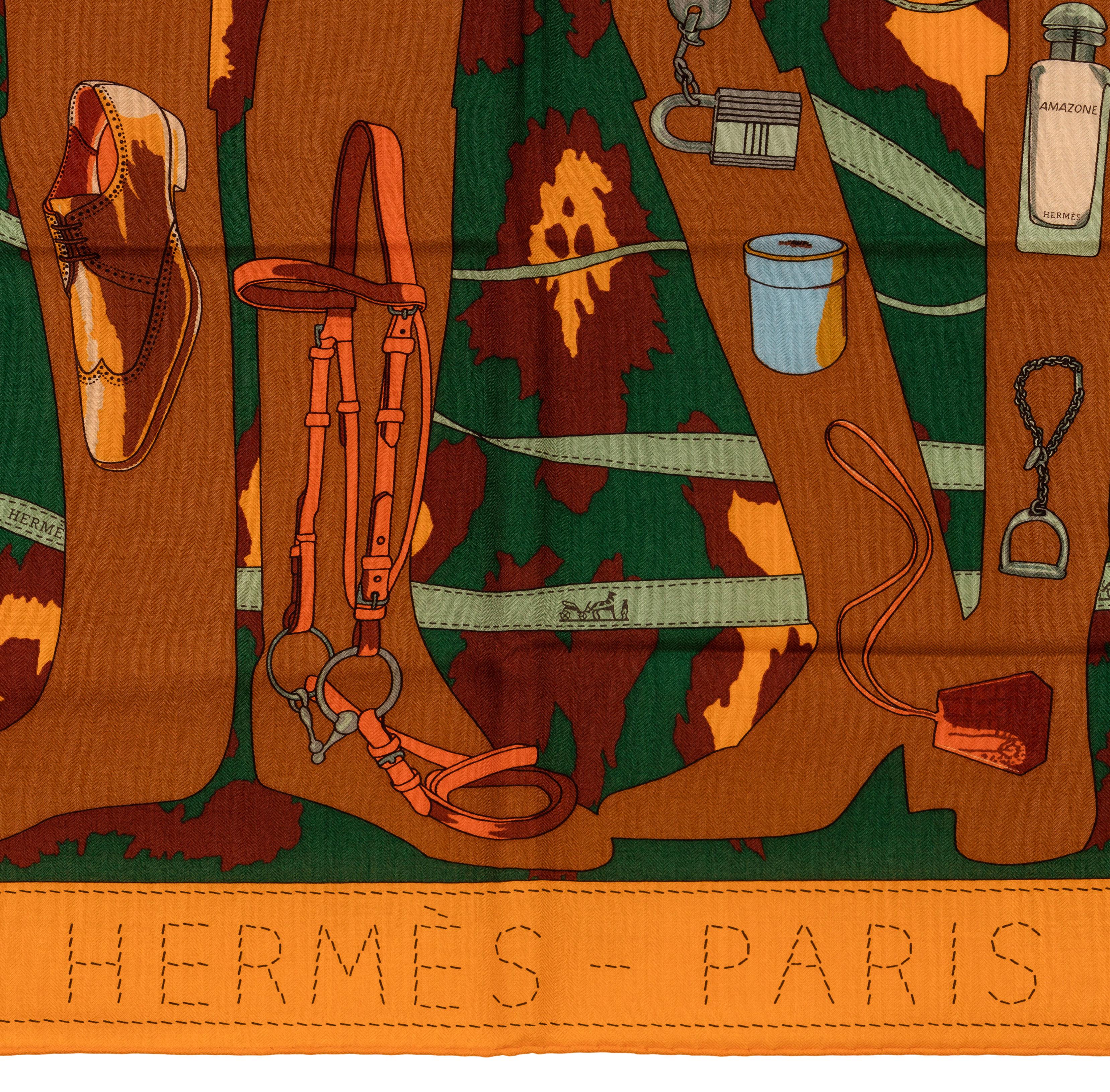 Auth. Hermes Shawl CS140 Monsieur et Madame II - CS140 - orange Green Brown NEW For Sale 8