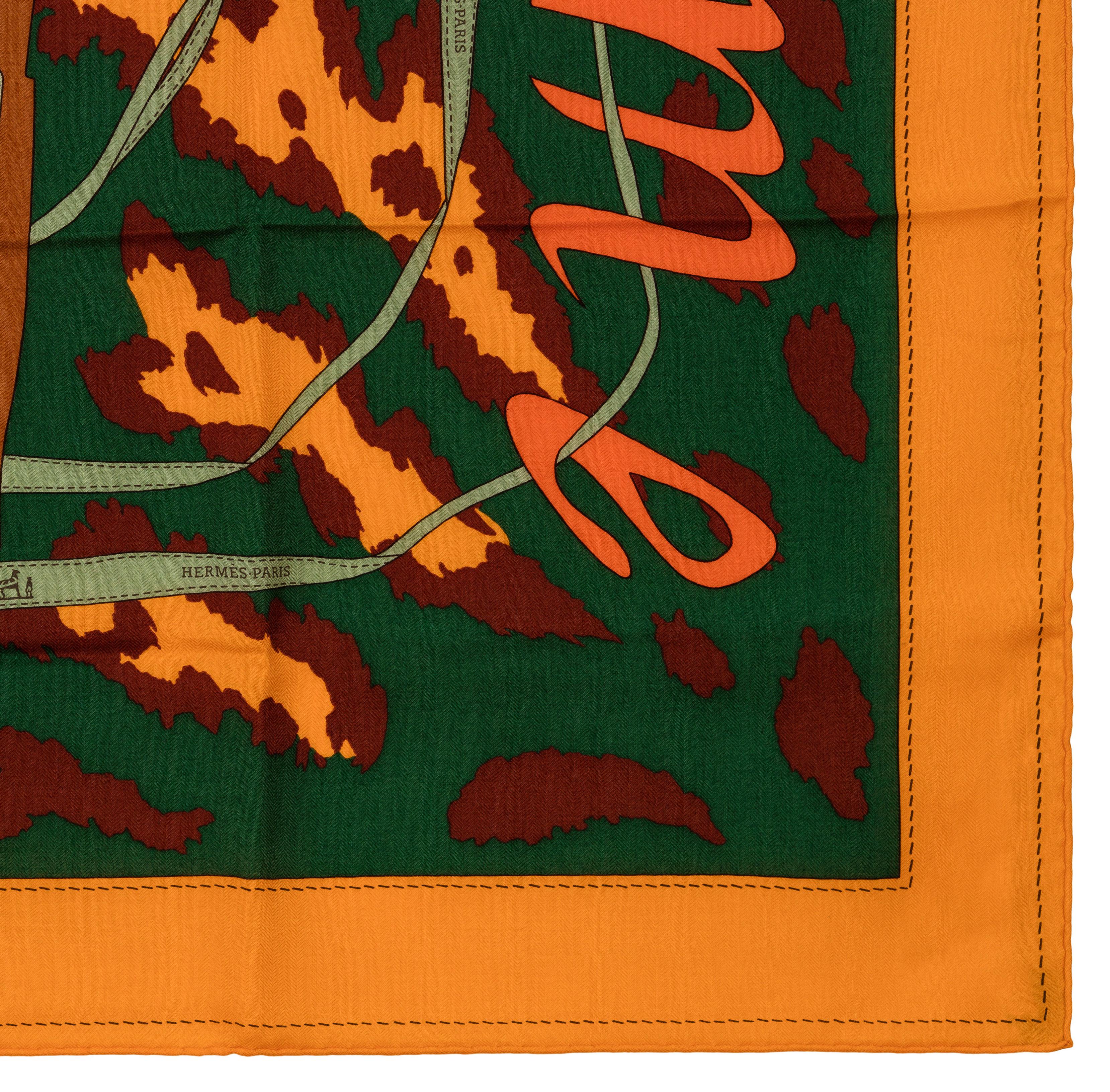 Auth. Hermes Shawl CS140 Monsieur et Madame II - CS140 - orange Green Brown NEW For Sale 9