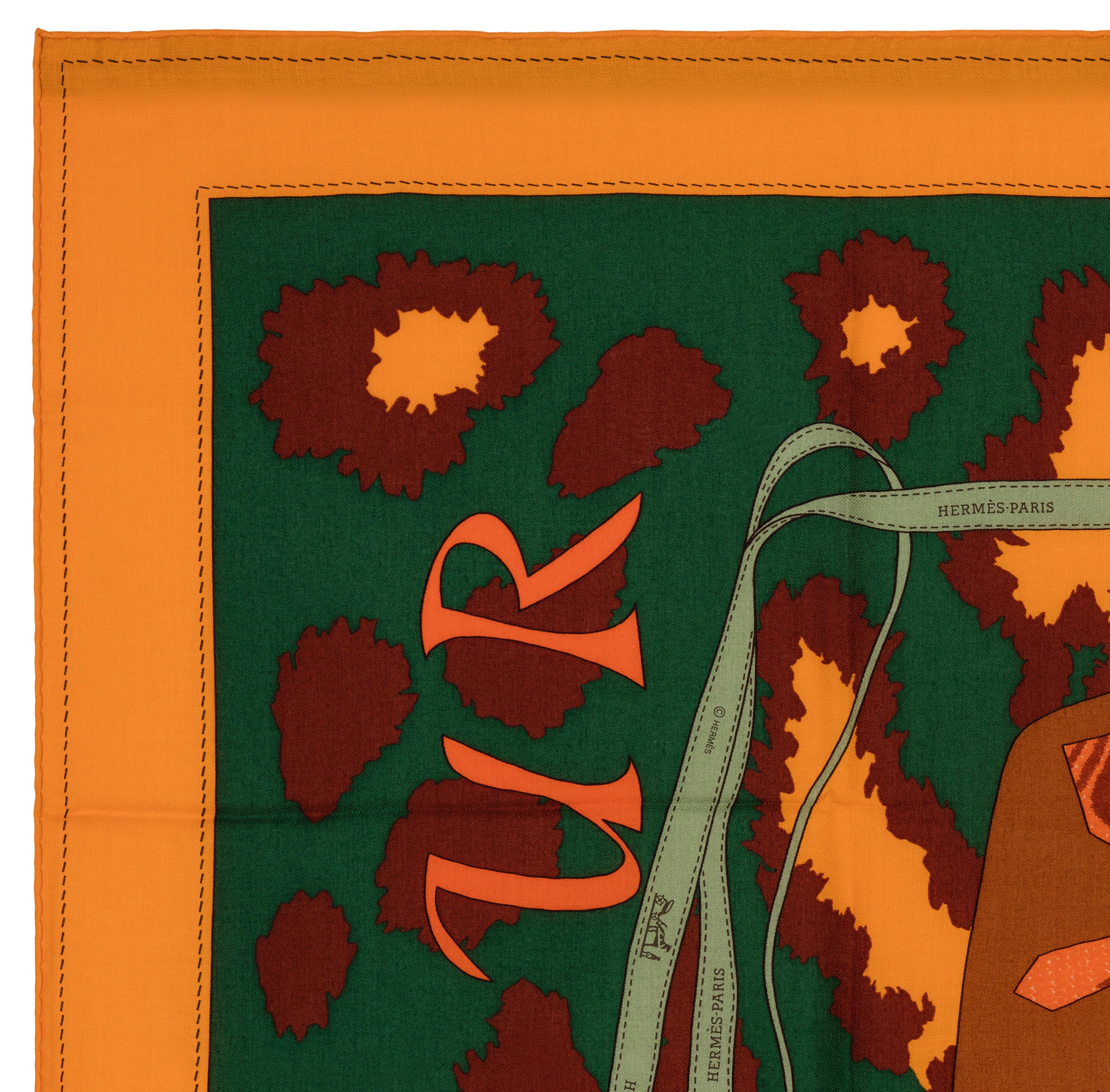 Auth. Hermes Shawl CS140 Monsieur et Madame II - CS140 - orange Green Brown NEW For Sale 1