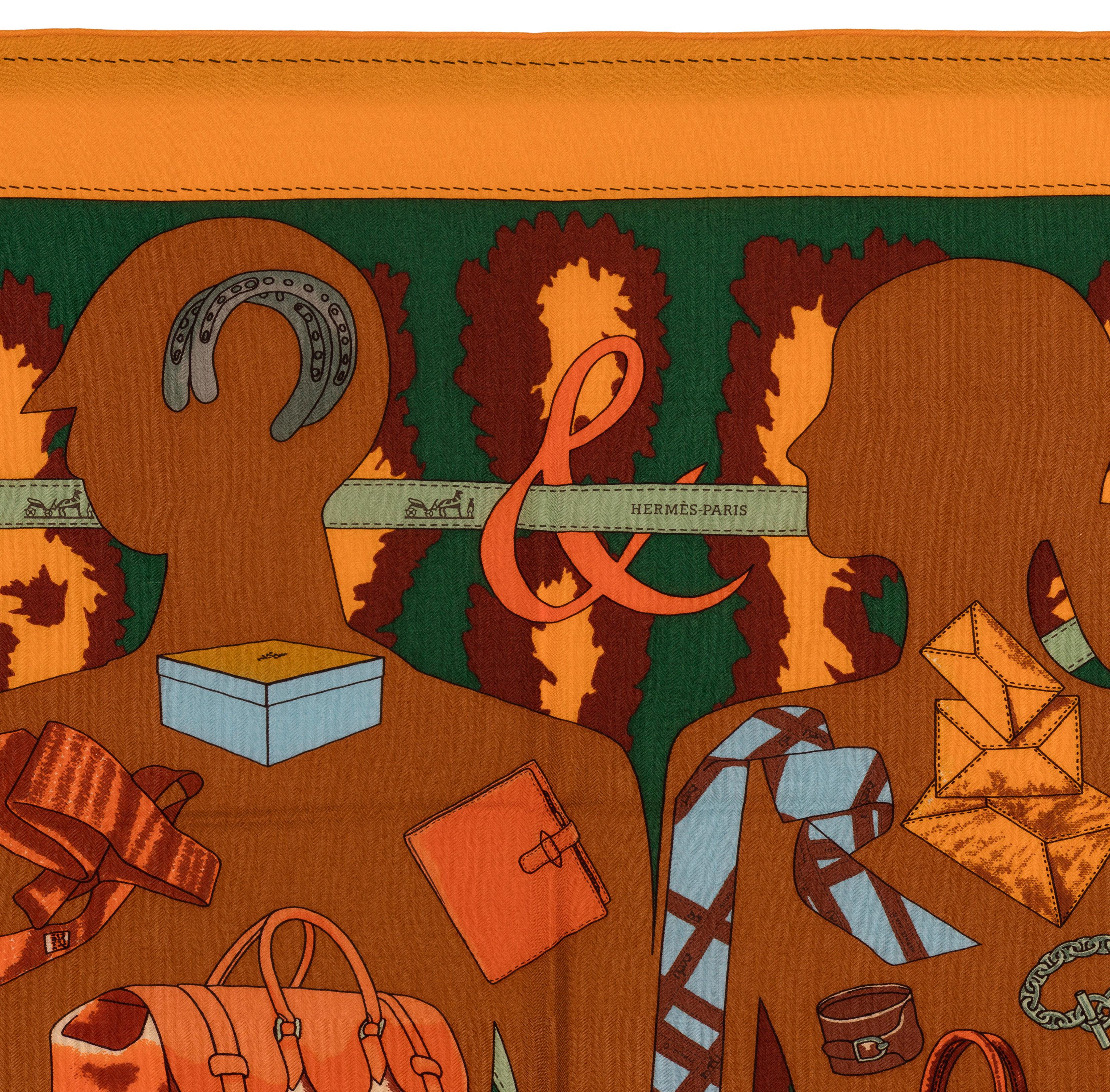 Auth. Hermes Shawl CS140 Monsieur et Madame II - CS140 - orange Green Brown NEW For Sale 2
