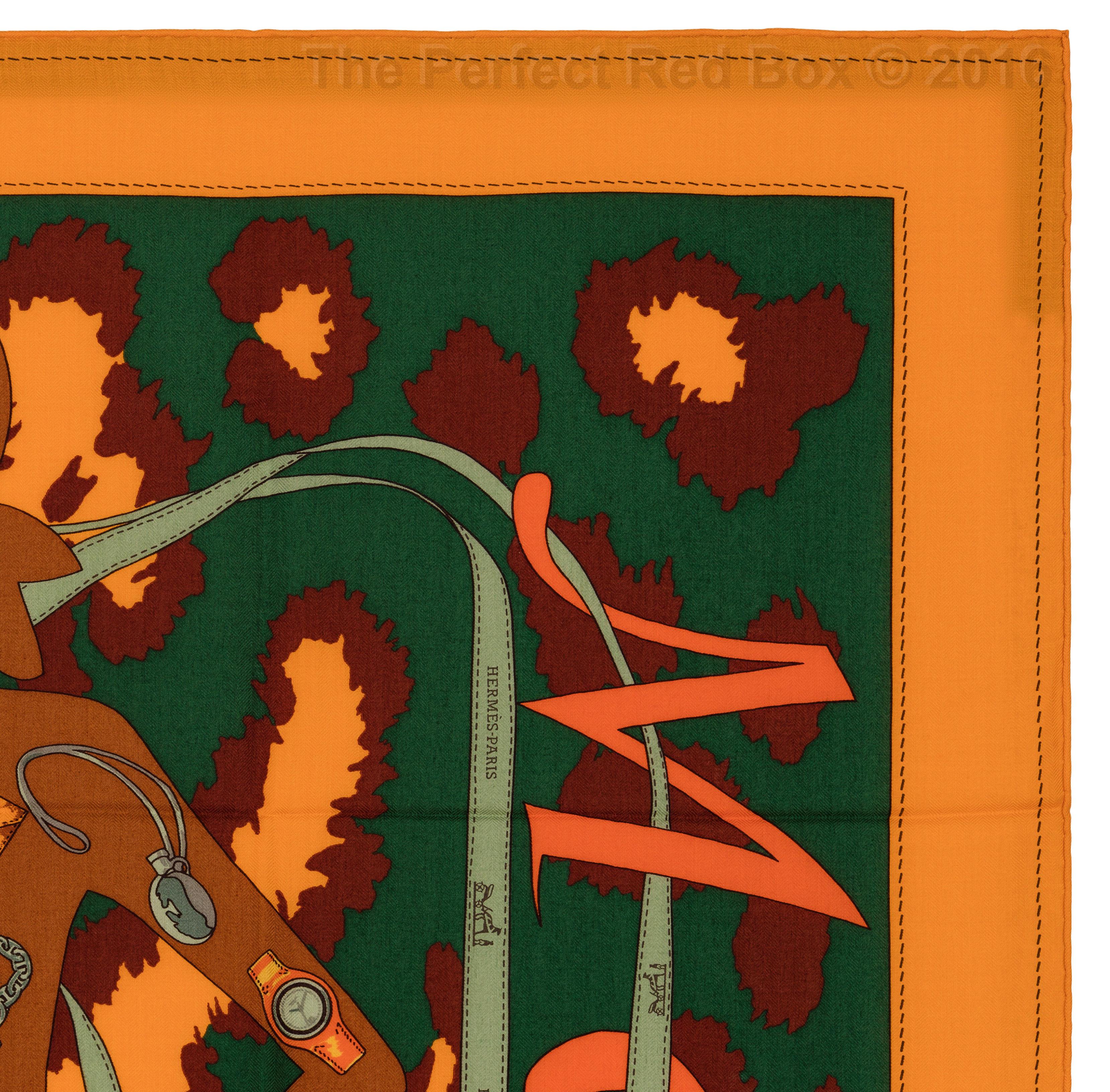 Auth. Hermes Shawl CS140 Monsieur et Madame II - CS140 - orange Green Brown NEW For Sale 3