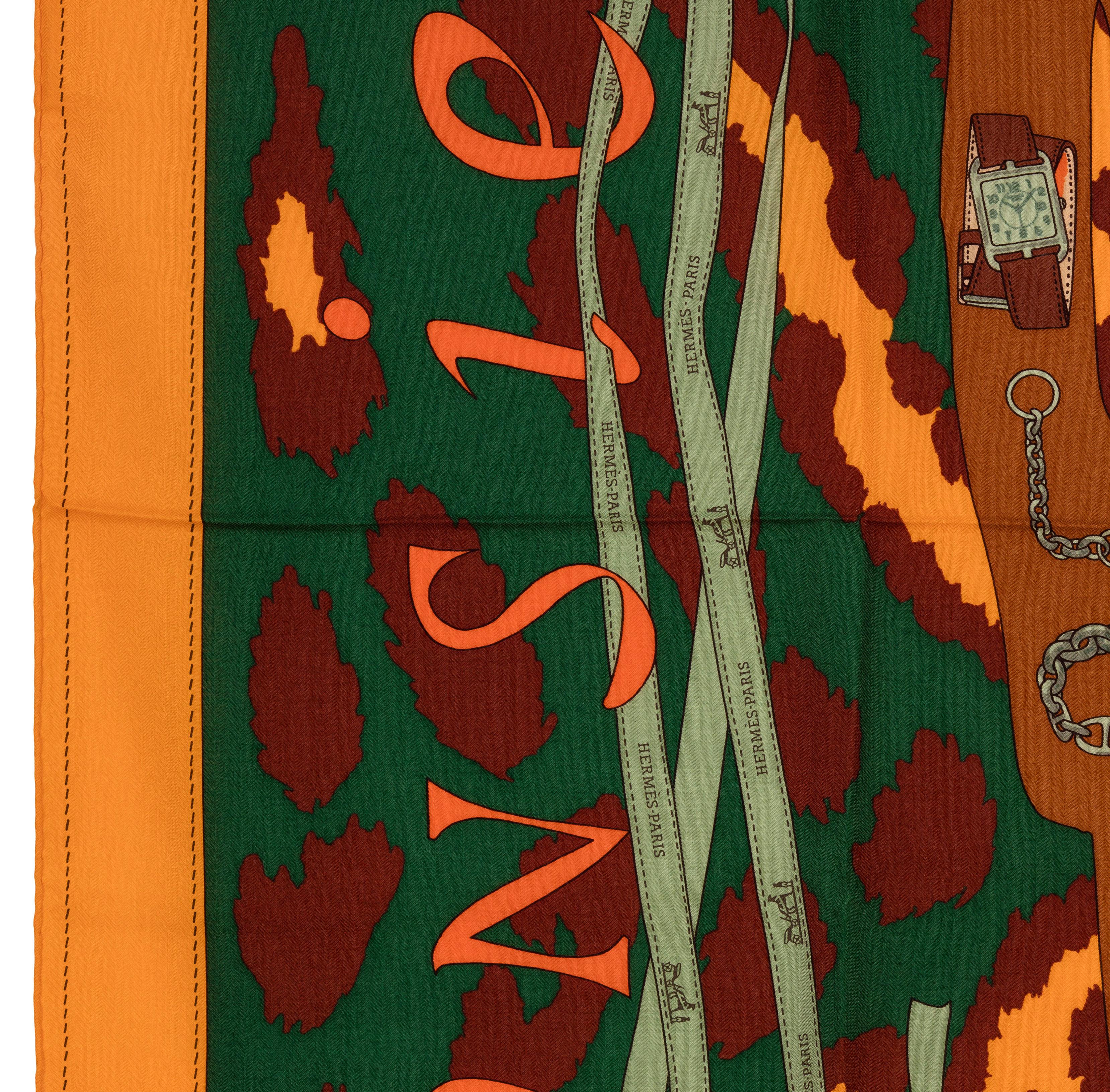 Auth. Hermes Shawl CS140 Monsieur et Madame II - CS140 - orange Green Brown NEW For Sale 4