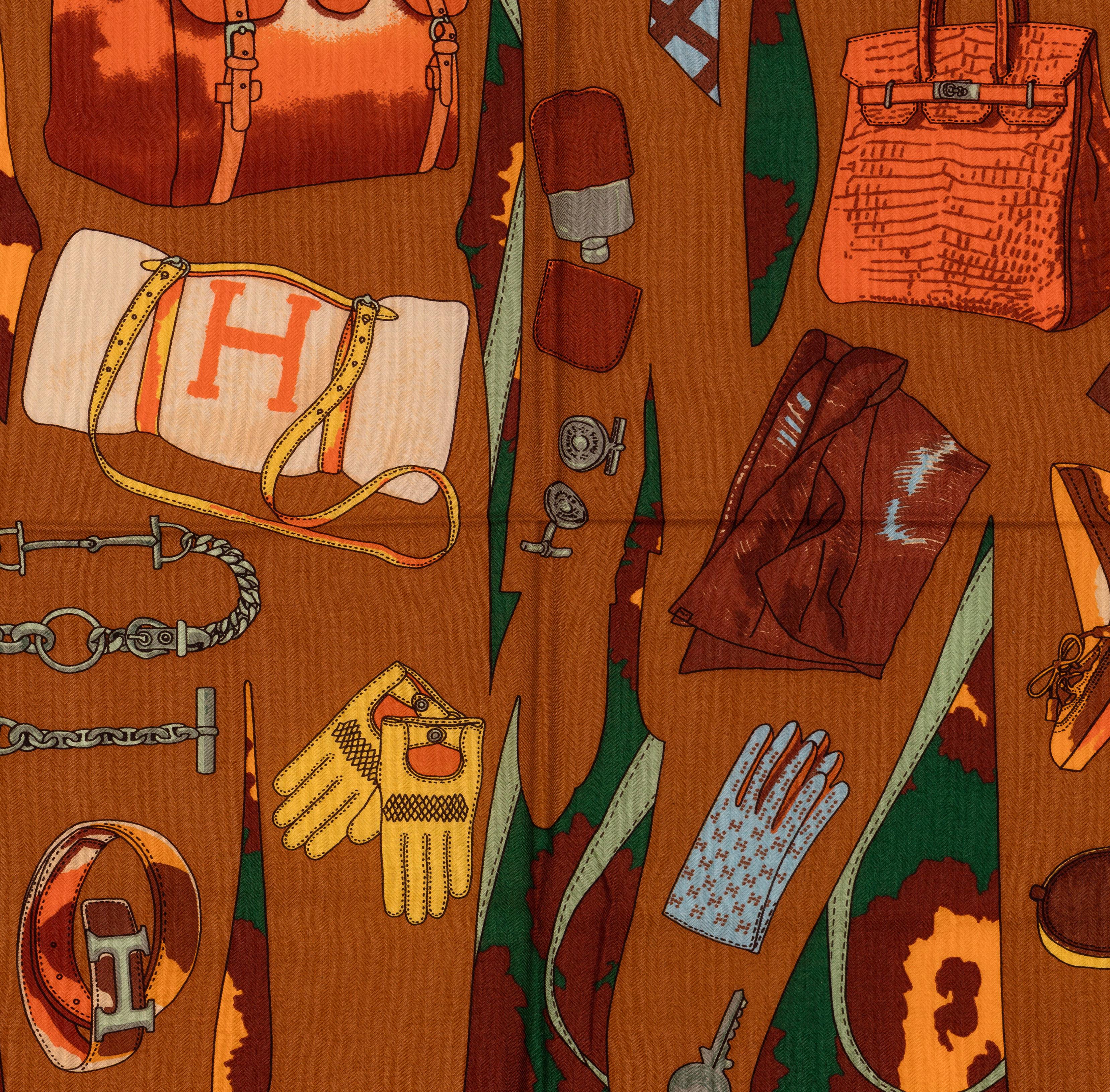 Auth. Hermes Shawl CS140 Monsieur et Madame II - CS140 - orange Green Brown NEW For Sale 5
