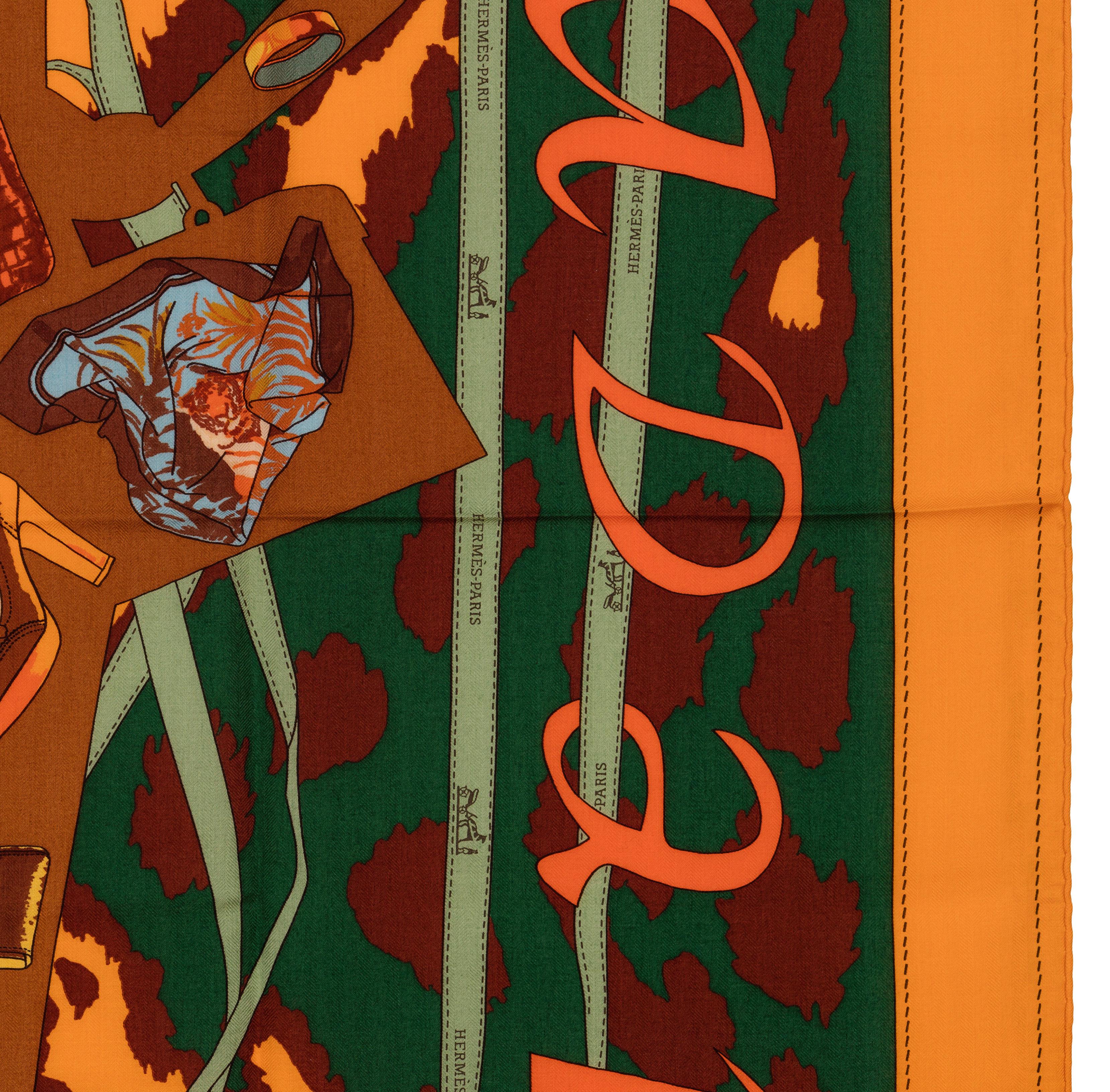 Auth. Hermes Shawl CS140 Monsieur et Madame II - CS140 - orange Green Brown NEW For Sale 6