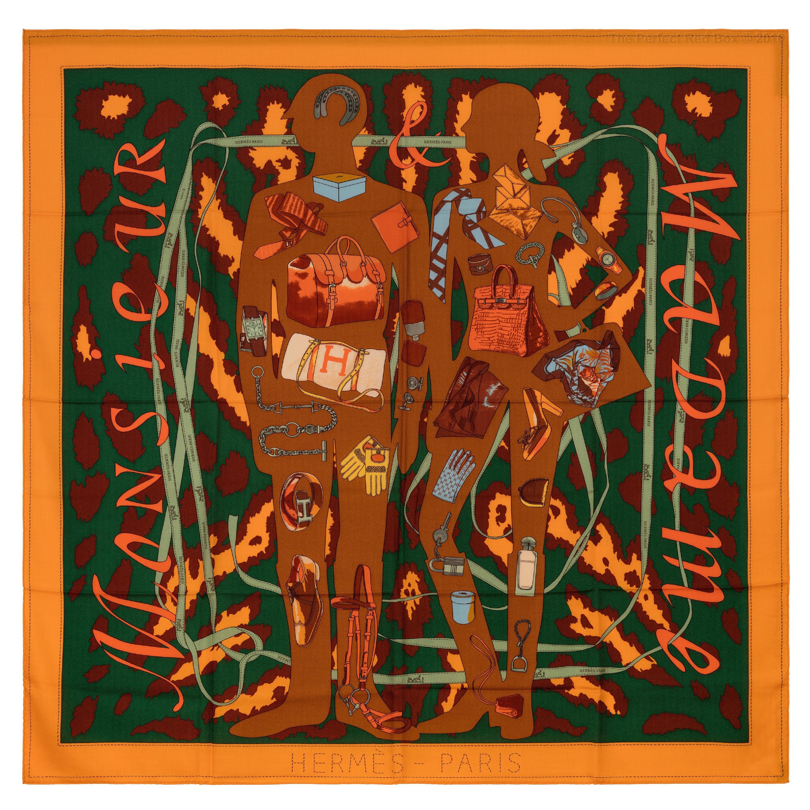 Auth. Hermes Shawl CS140 Monsieur et Madame II - CS140 - orange Green Brown NEW For Sale