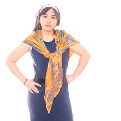 Auth. Hermes Shawl - Sous le Charme d’Orphée - CS140 - Orange Vert Bleu New Tag