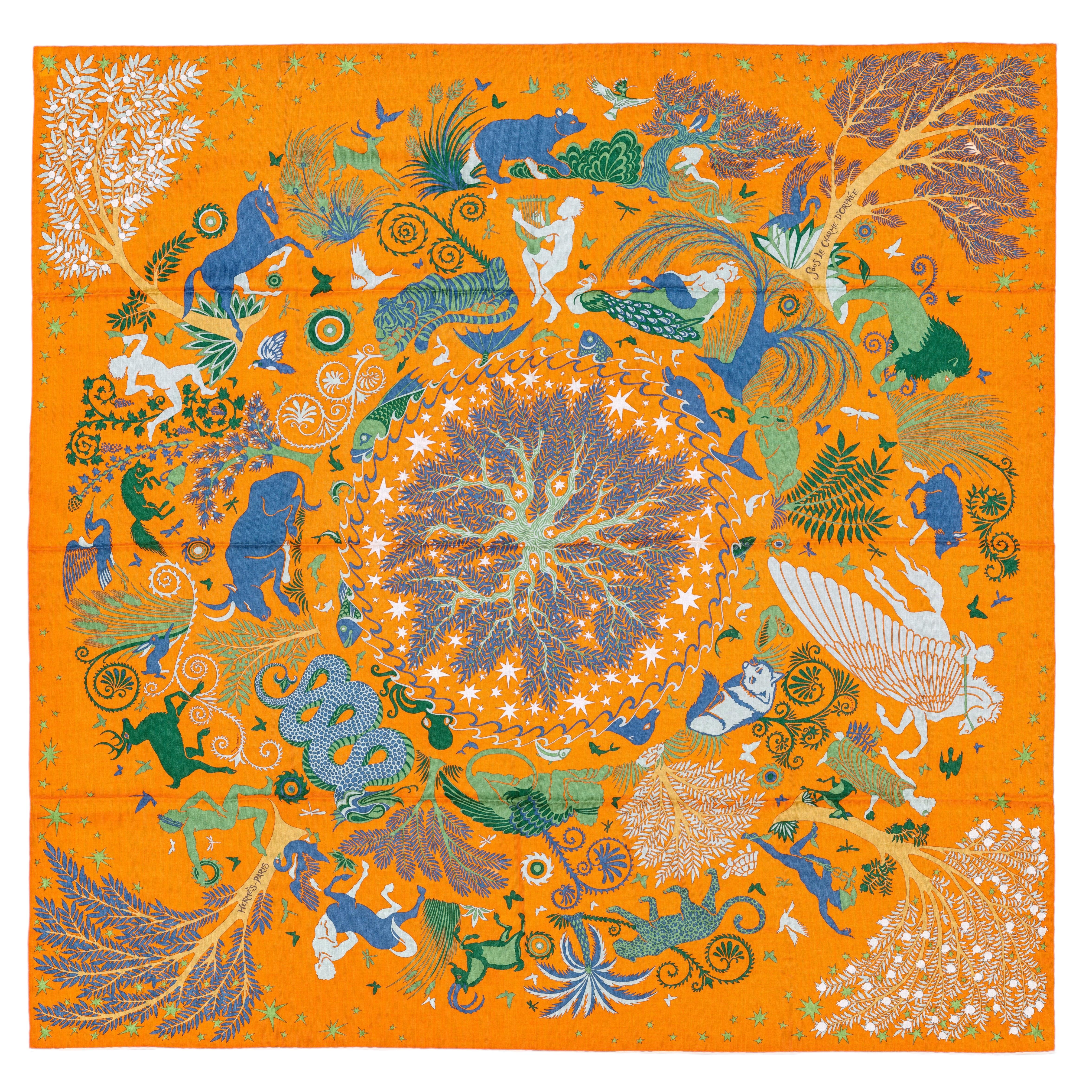 Auth. Scialle Hermes - Sous le Charme d’Orphée - CS140 - Arancione Verde Blu Etichetta nuova