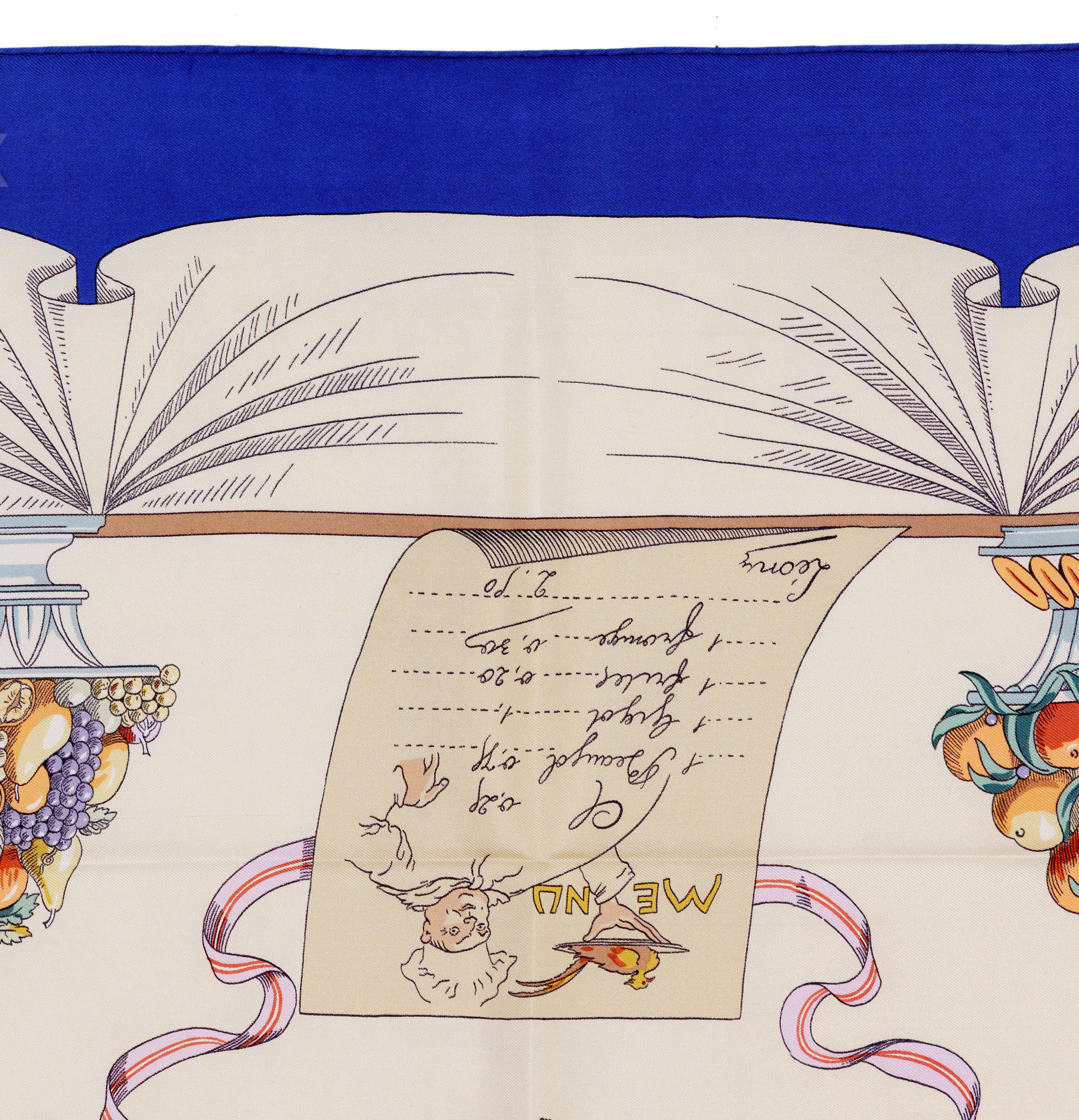 Auth. Hermes Silk Scarf A la gloire de la cuisine Francaise Blue Beige RARE!! 7
