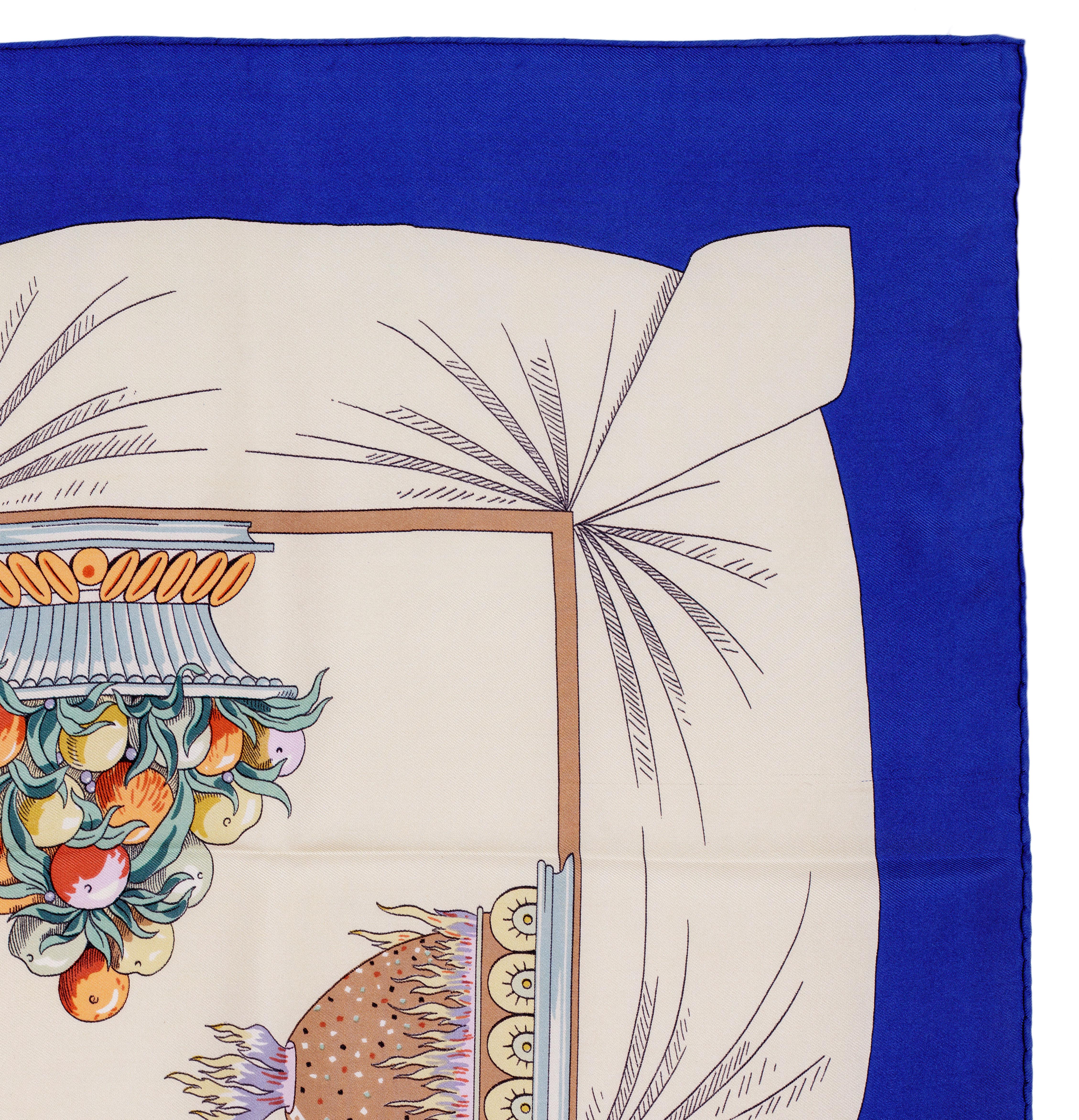 Auth. Hermes Silk Scarf A la gloire de la cuisine Francaise Blue Beige RARE!! 8