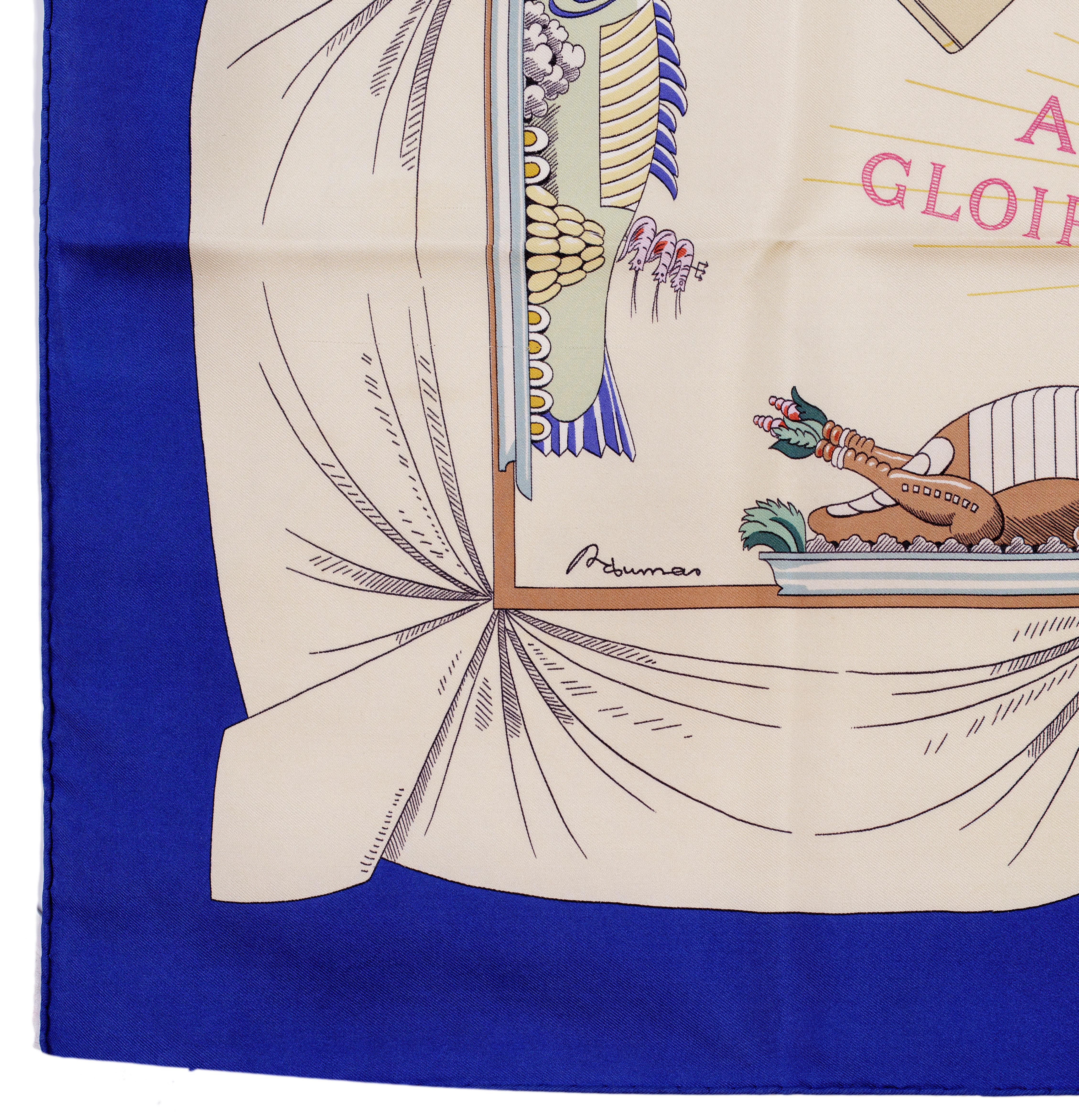 Auth. Hermes Silk Scarf A la gloire de la cuisine Francaise Blue Beige RARE!! 12