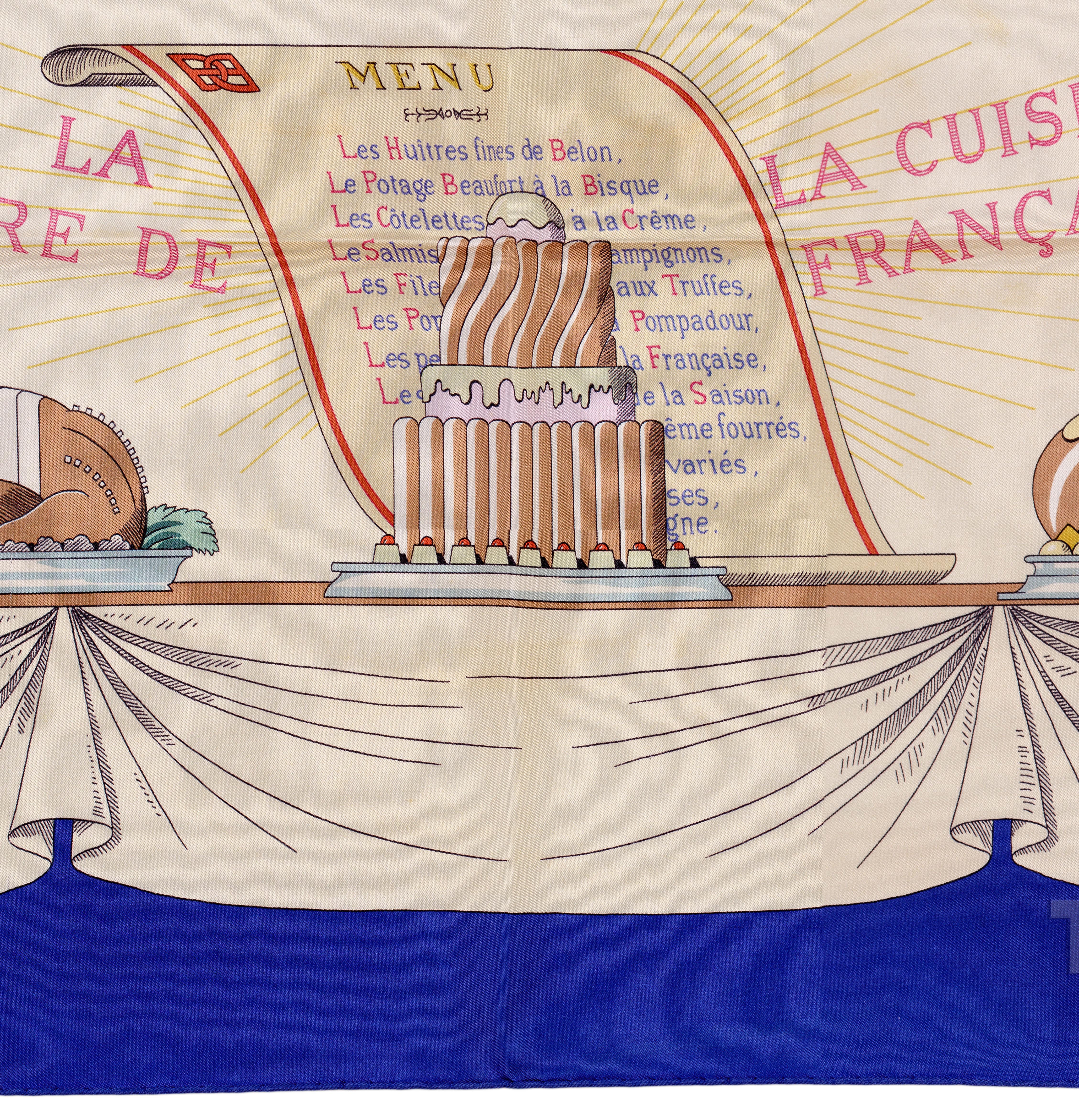 Auth. Hermes Silk Scarf A la gloire de la cuisine Francaise Blue Beige RARE!! 13
