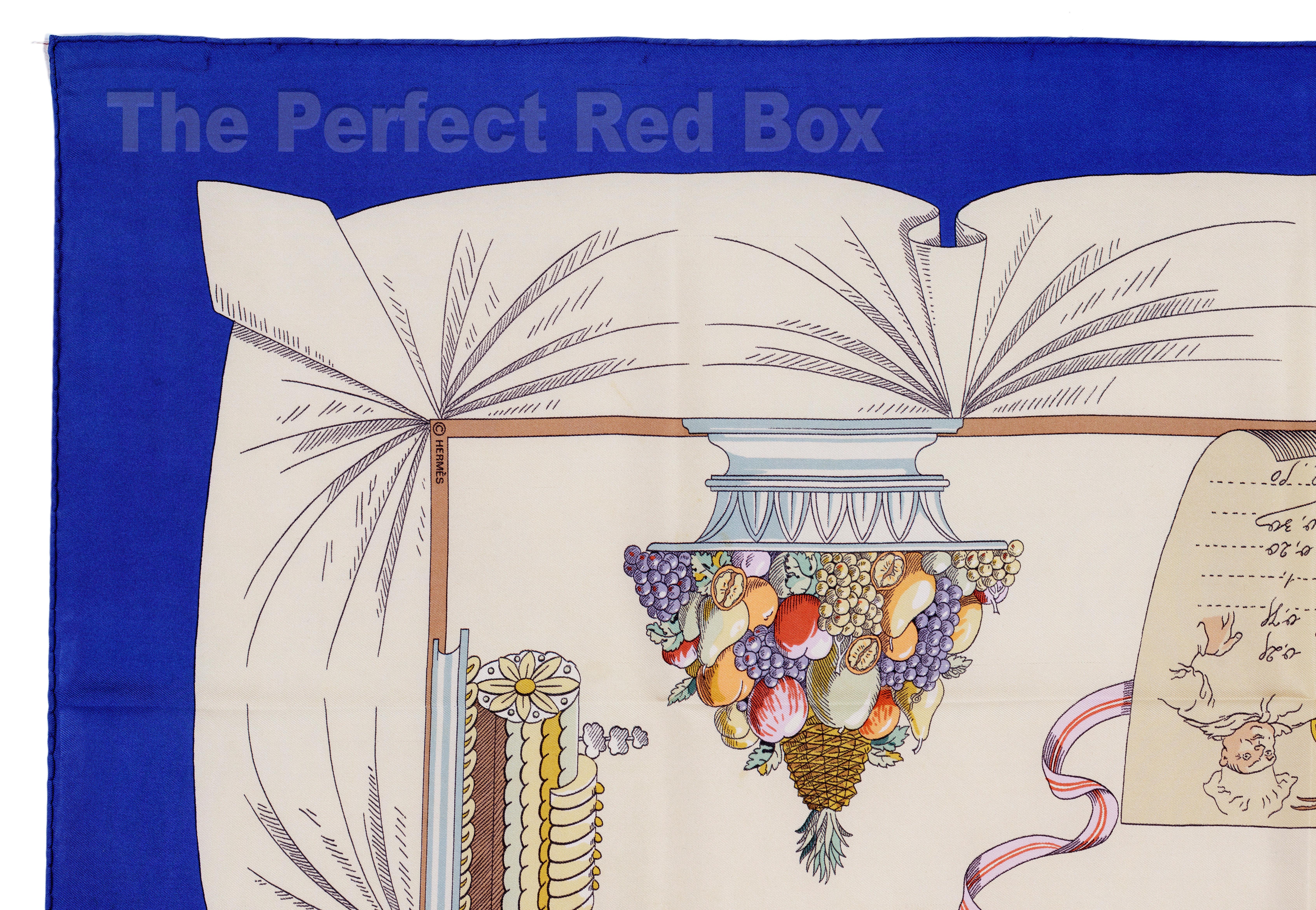 Women's Auth. Hermes Silk Scarf A la gloire de la cuisine Francaise Blue Beige RARE!!