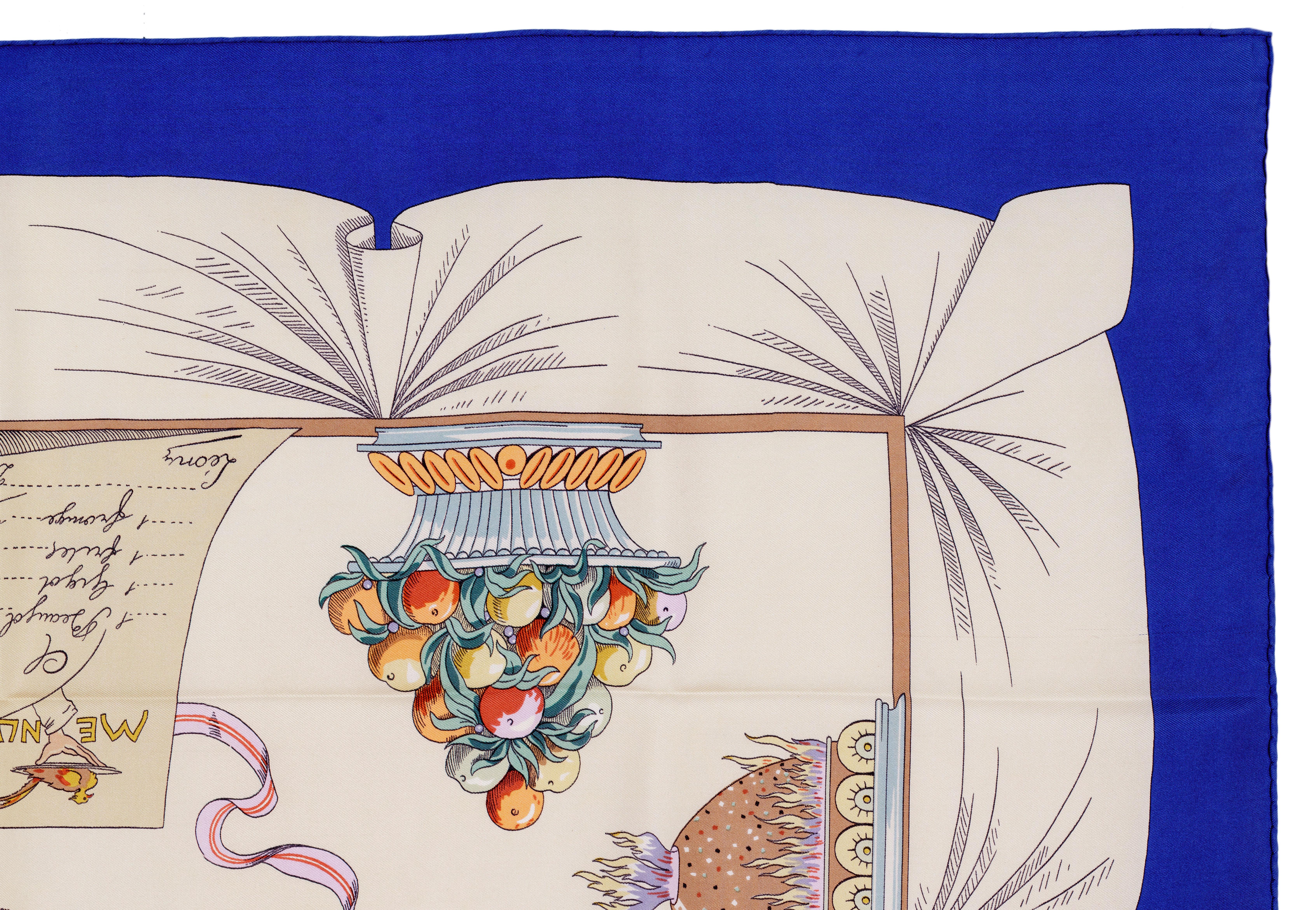 Auth. Hermes Silk Scarf A la gloire de la cuisine Francaise Blue Beige RARE!! 1