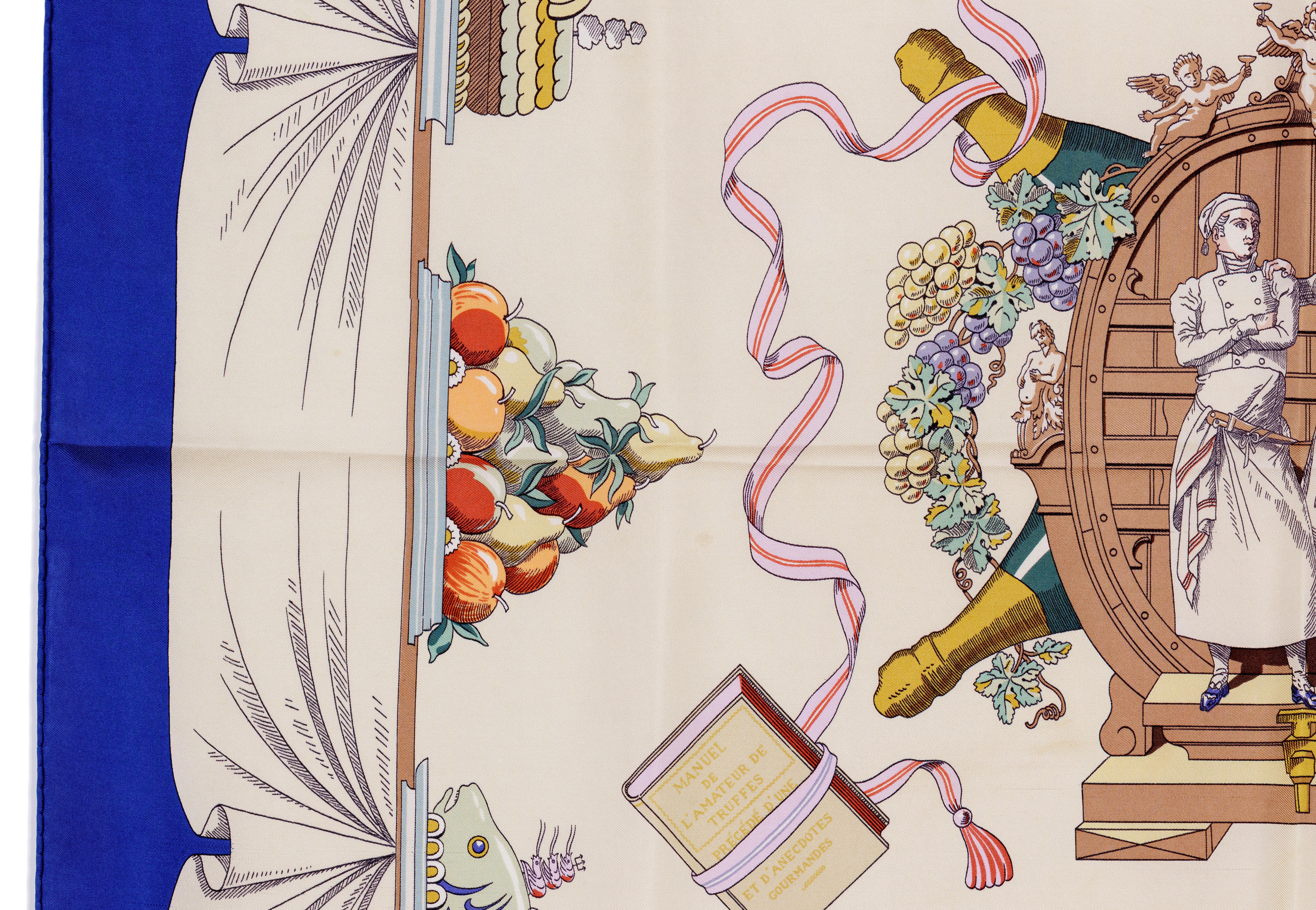 Auth. Hermes Silk Scarf A la gloire de la cuisine Francaise Blue Beige RARE!! 2