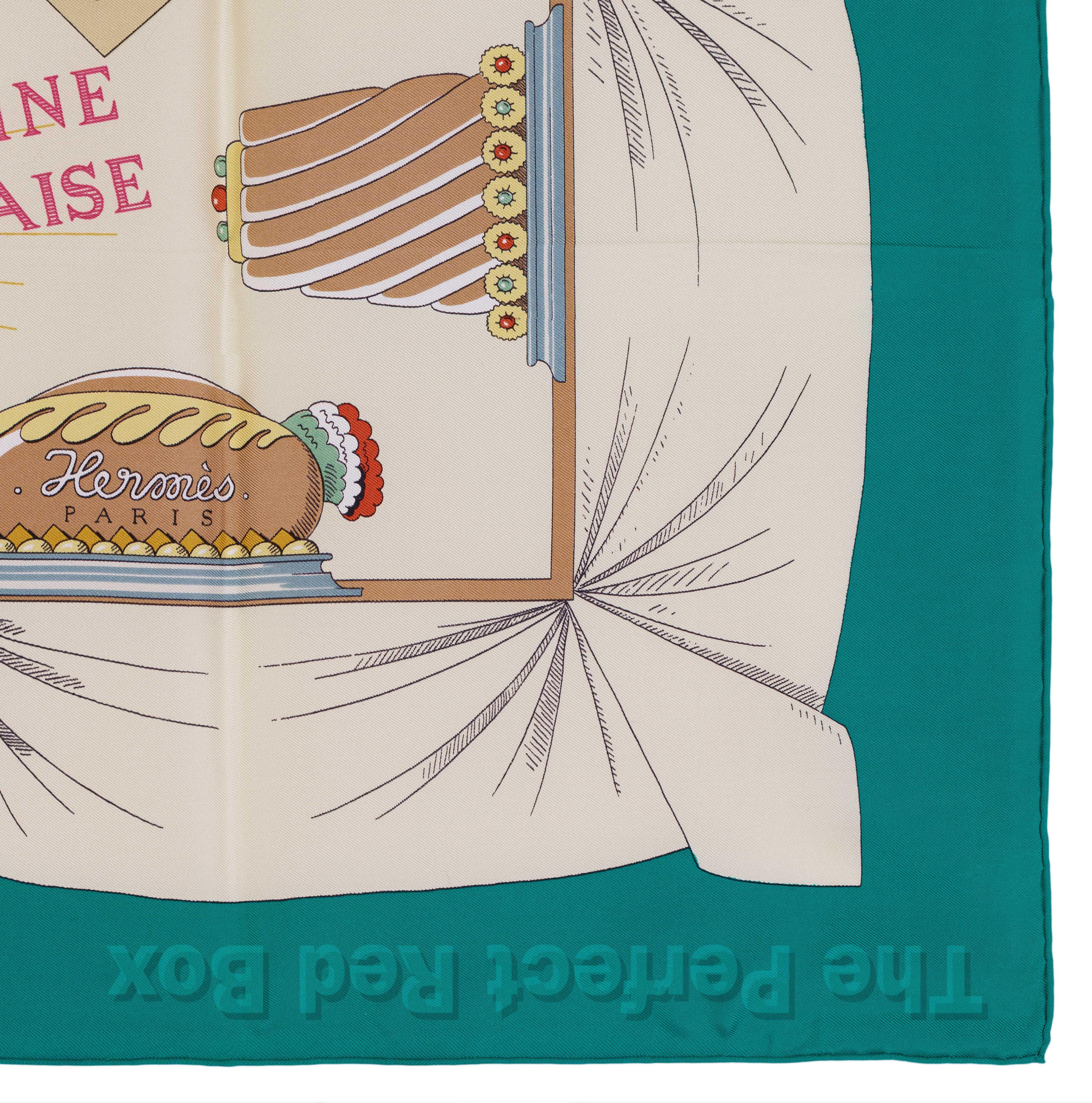 Auth. Hermes Silk Scarf A la gloire de la cuisine Francaise Green Beige RARE!! 7