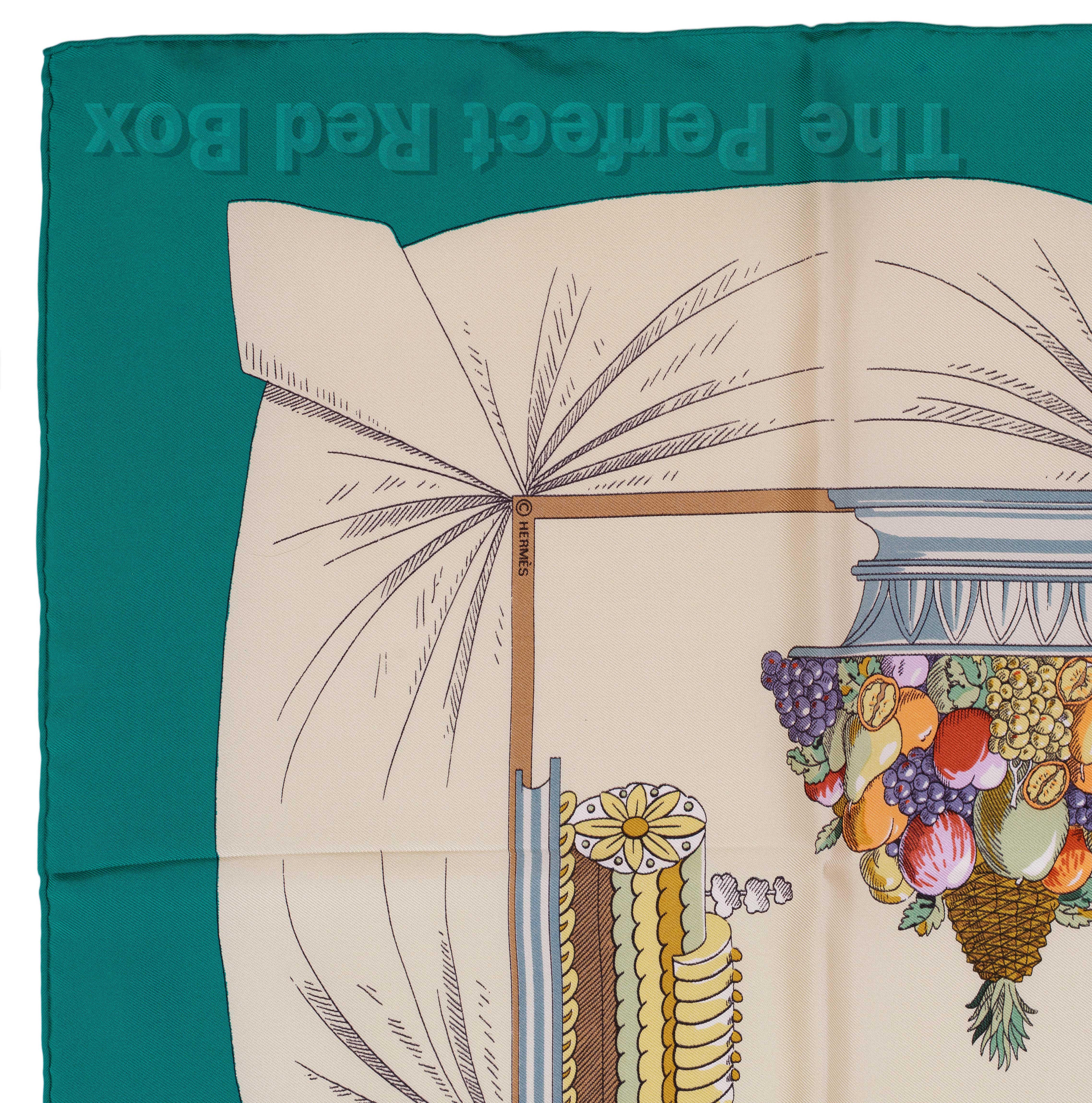 Auth. Hermes Silk Scarf A la gloire de la cuisine Francaise Green Beige RARE!! In Good Condition In Ottawa, CA
