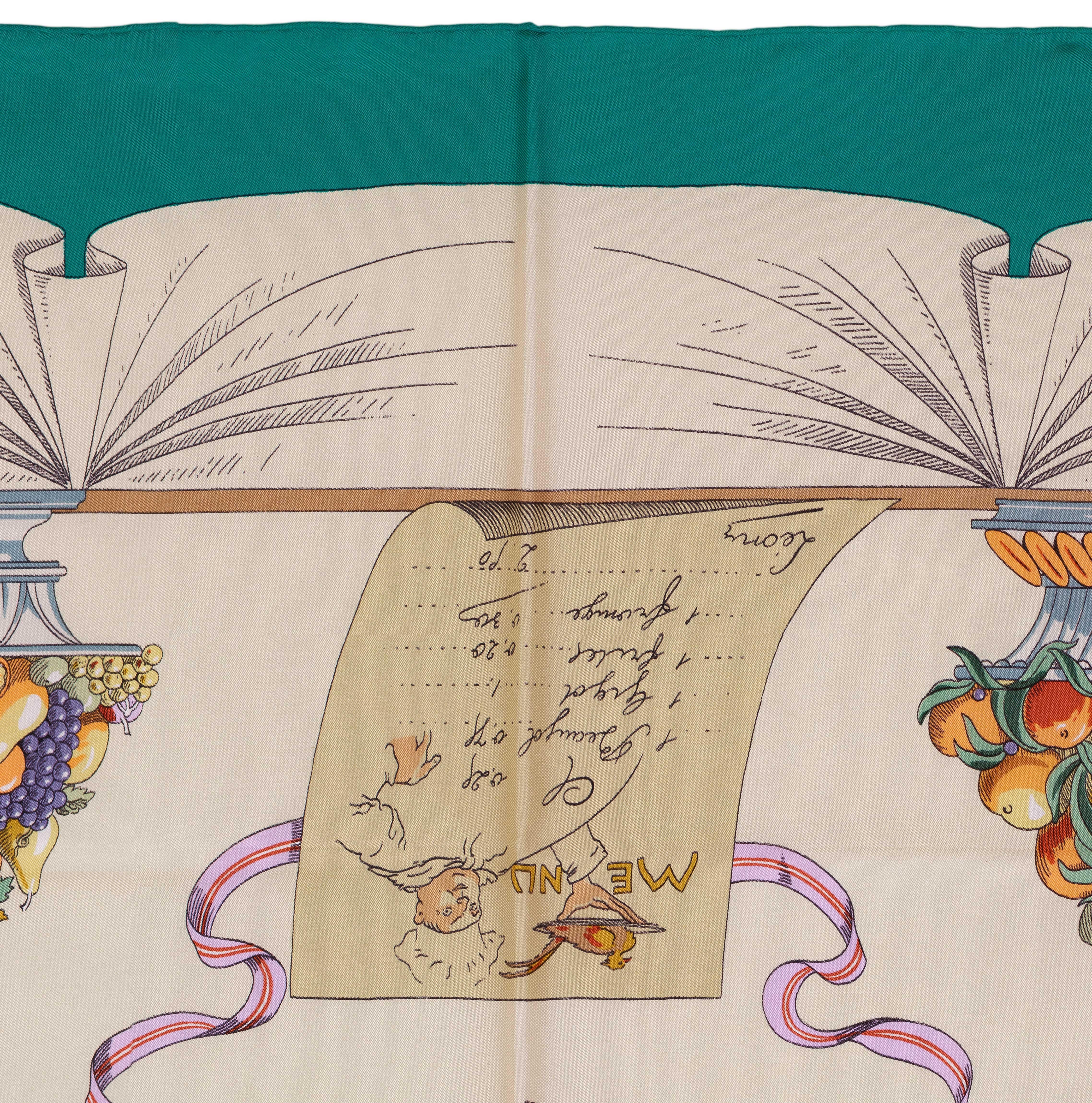 Women's Auth. Hermes Silk Scarf A la gloire de la cuisine Francaise Green Beige RARE!!