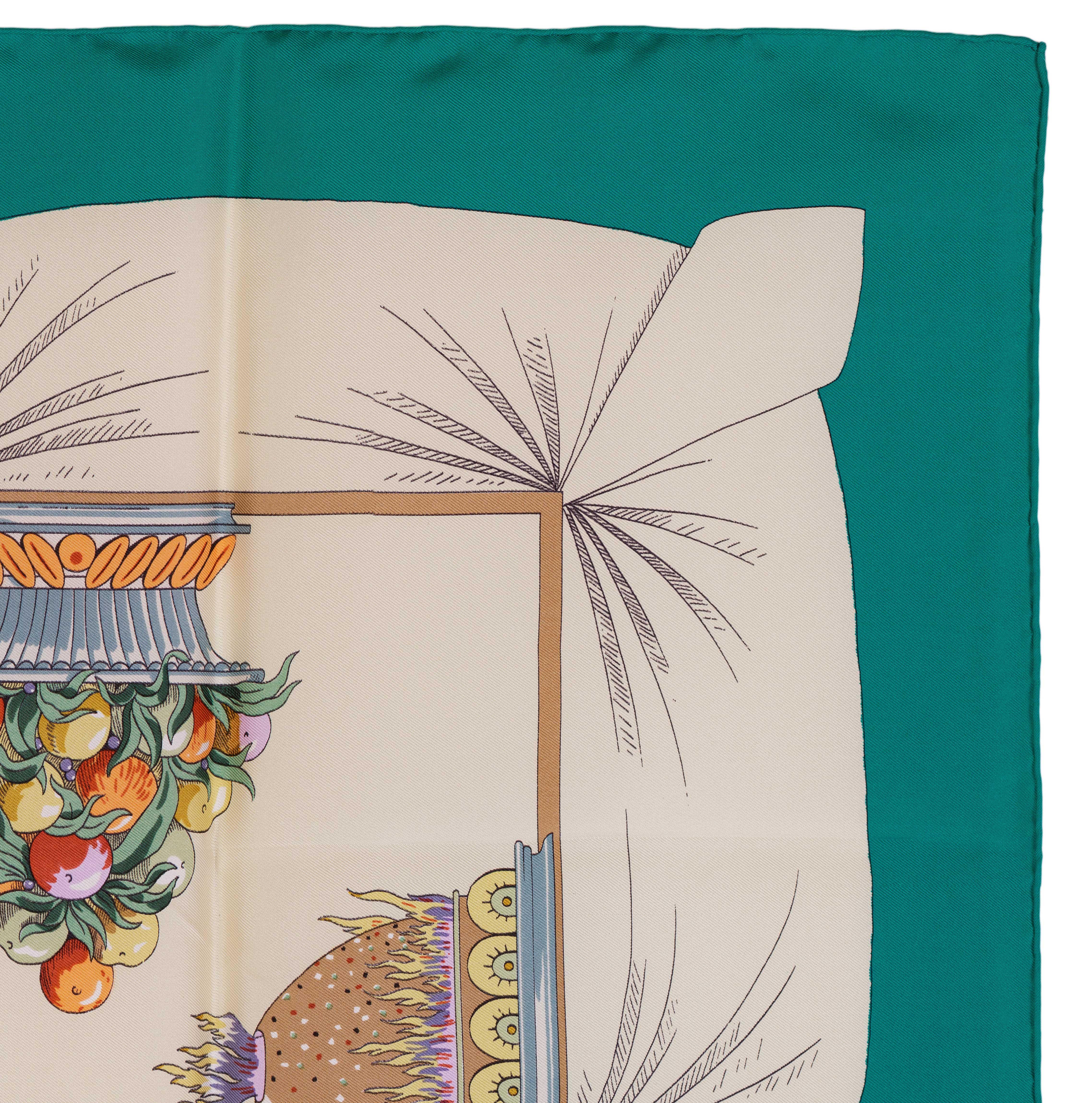Auth. Hermes Silk Scarf A la gloire de la cuisine Francaise Green Beige RARE!! 1