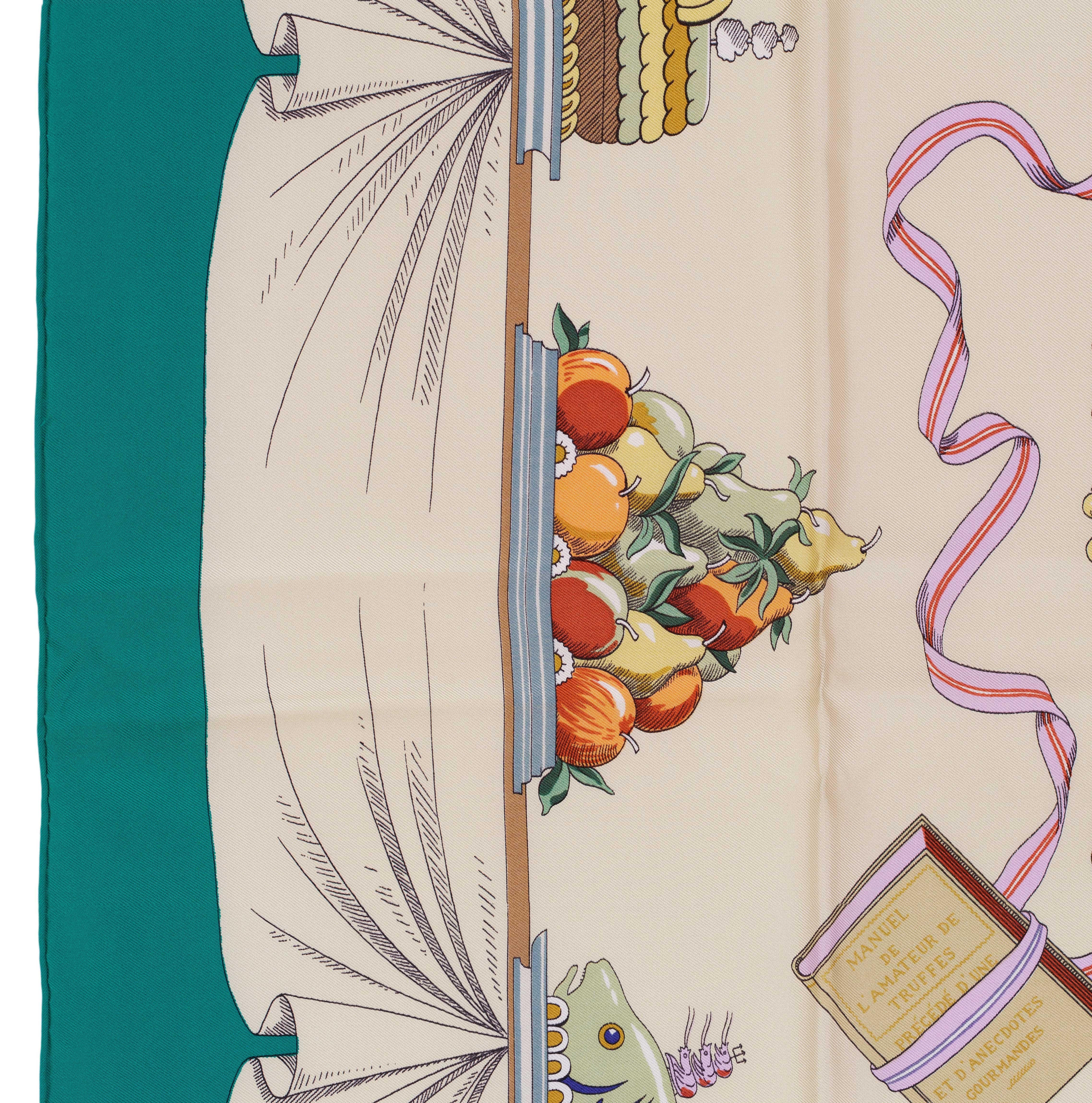 Auth. Hermes Silk Scarf A la gloire de la cuisine Francaise Green Beige RARE!! 2
