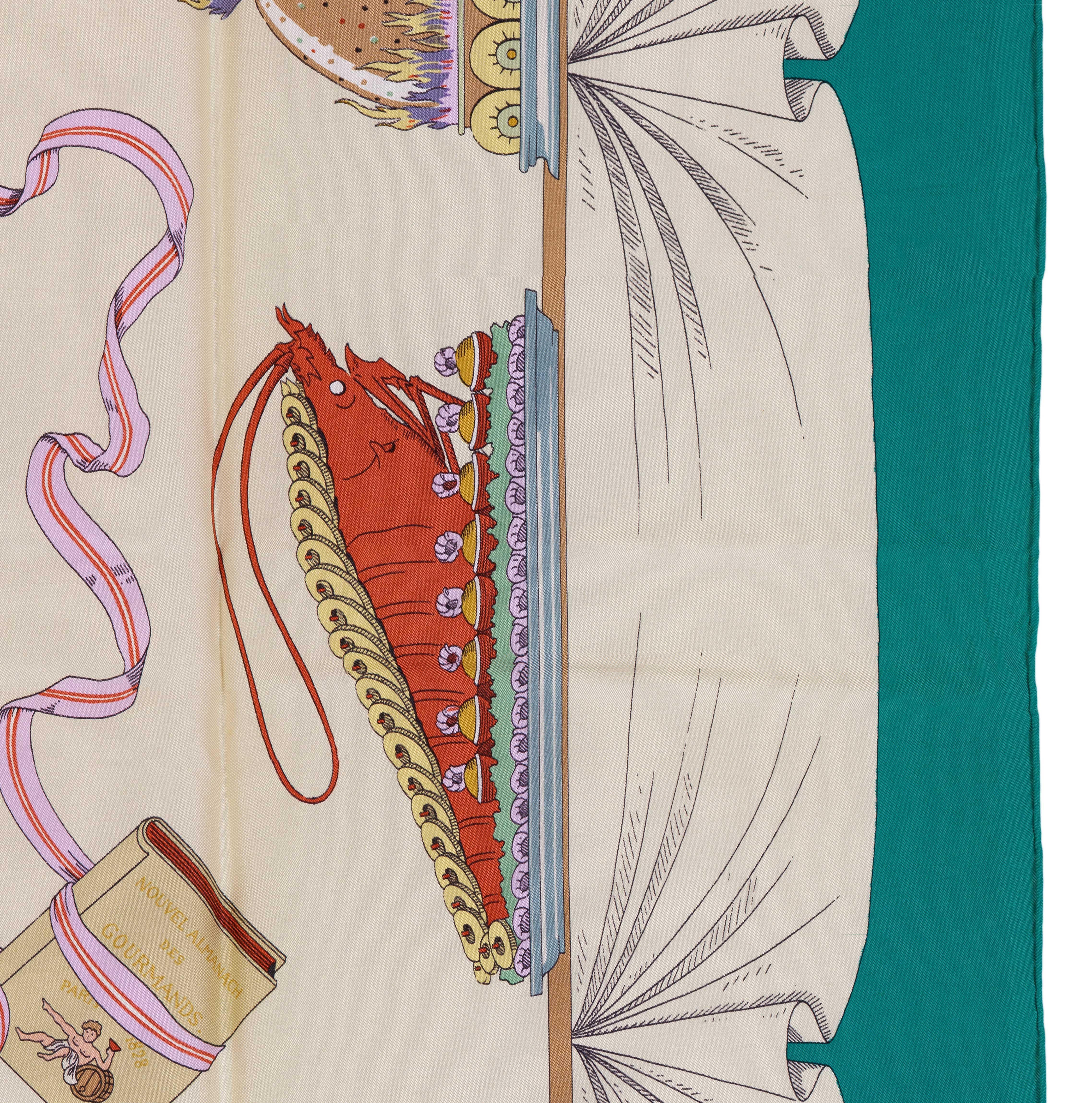 Auth. Hermes Silk Scarf A la gloire de la cuisine Francaise Green Beige RARE!! 4