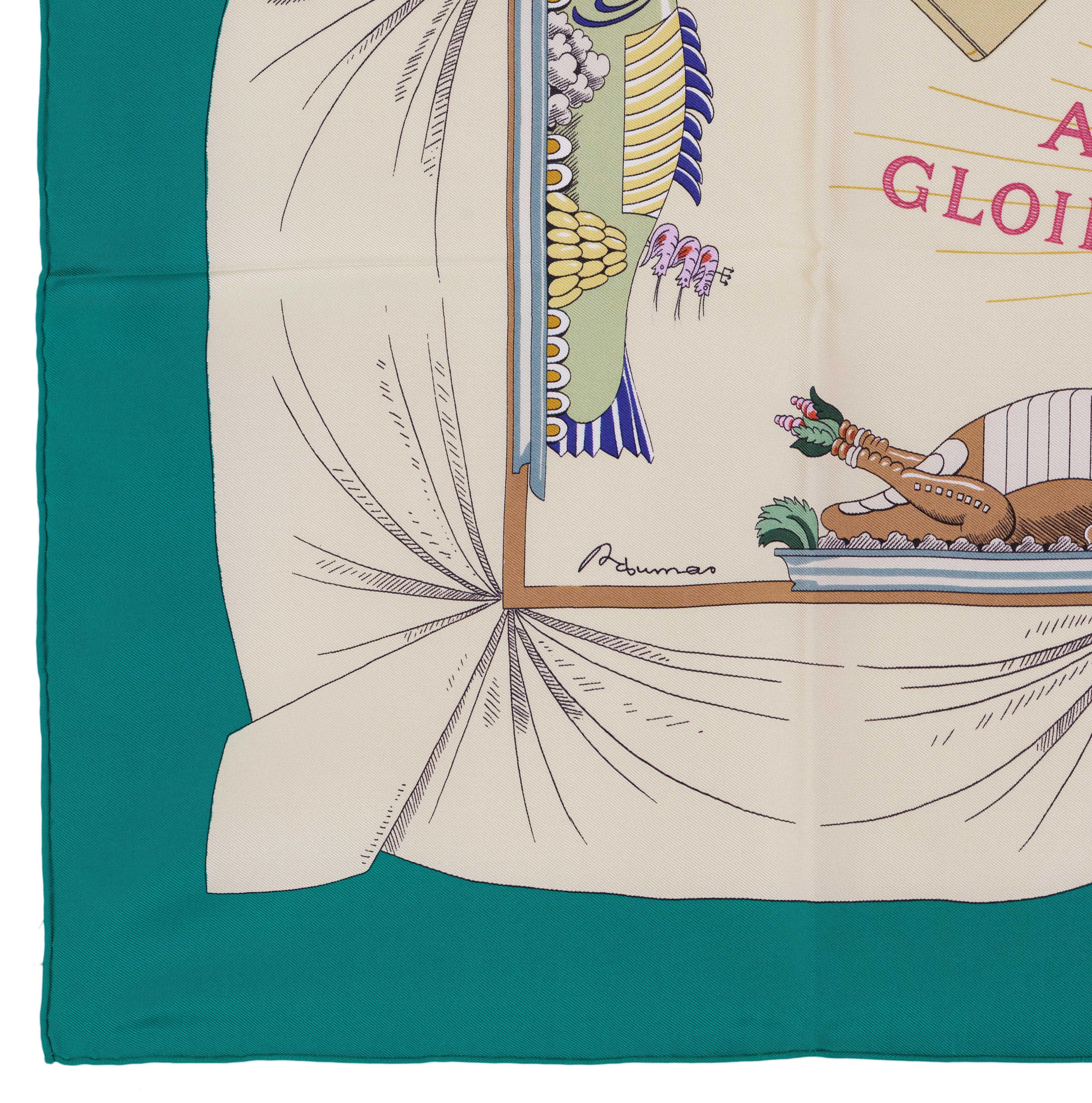 Auth. Hermes Silk Scarf A la gloire de la cuisine Francaise Green Beige RARE!! 5