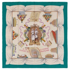 Vintage Auth. Hermes Silk Scarf A la gloire de la cuisine Francaise Green Beige RARE!!