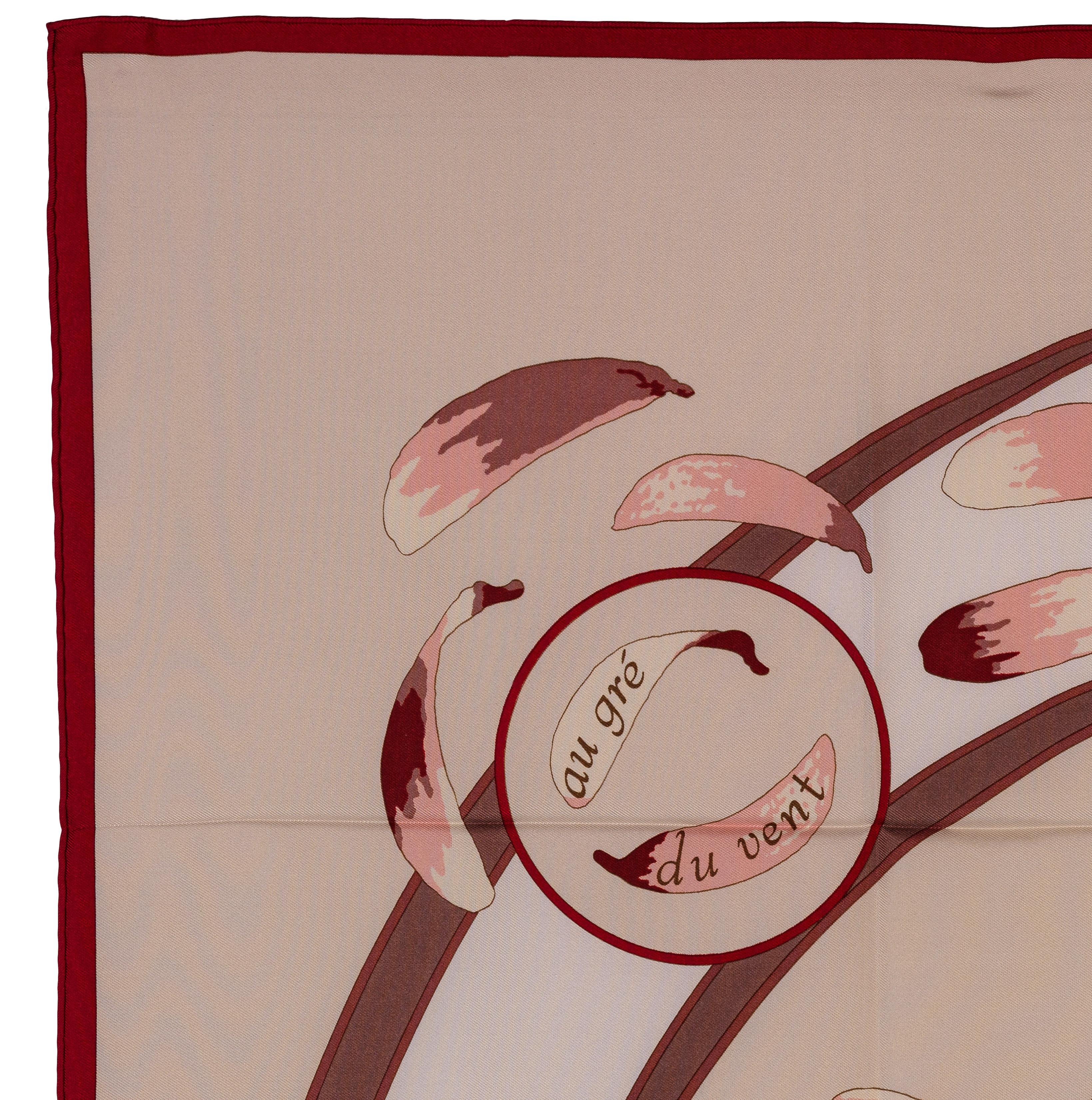 Auth. Hermes Silk Scarf Au Gré du Vent – Bordeaux Beige - Mint - Collector en venta 14