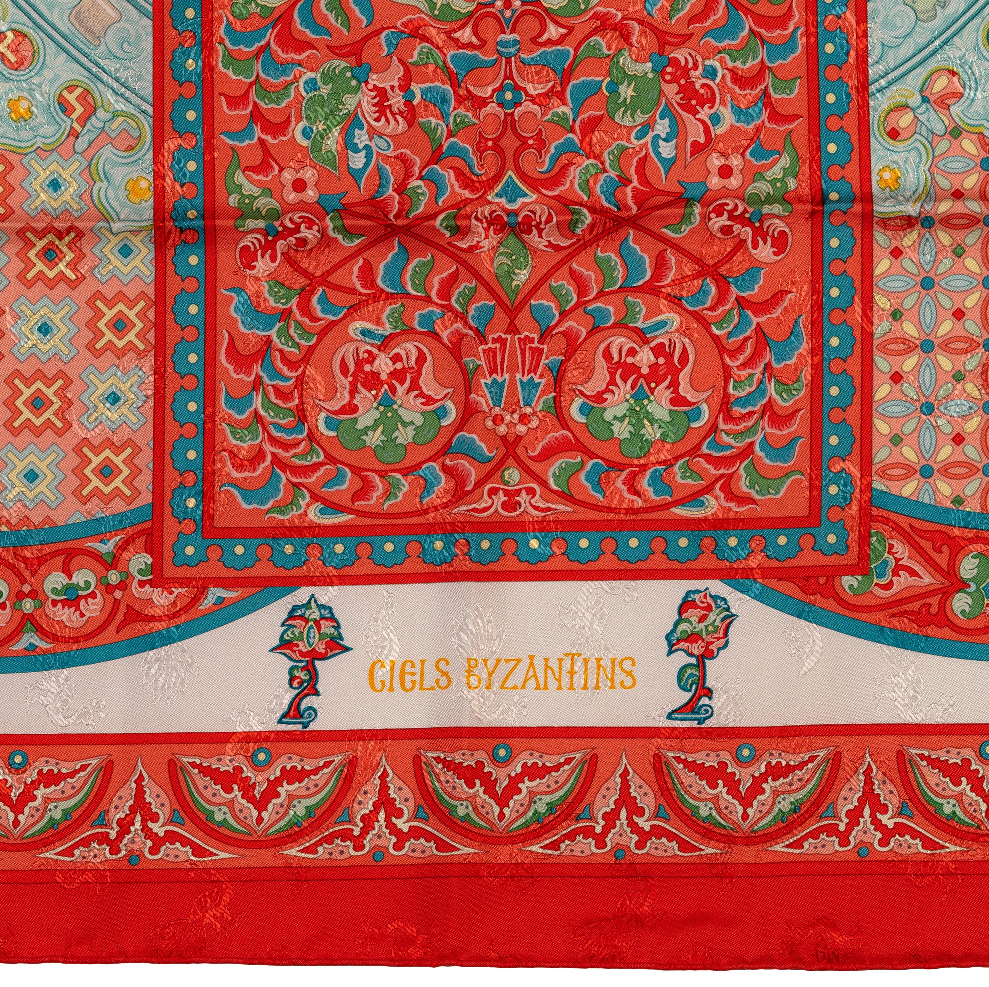 Auth. Hermes Silk Scarf Ciels Byzantins - Jacquard - Orange White Cerulean Mint! For Sale 5