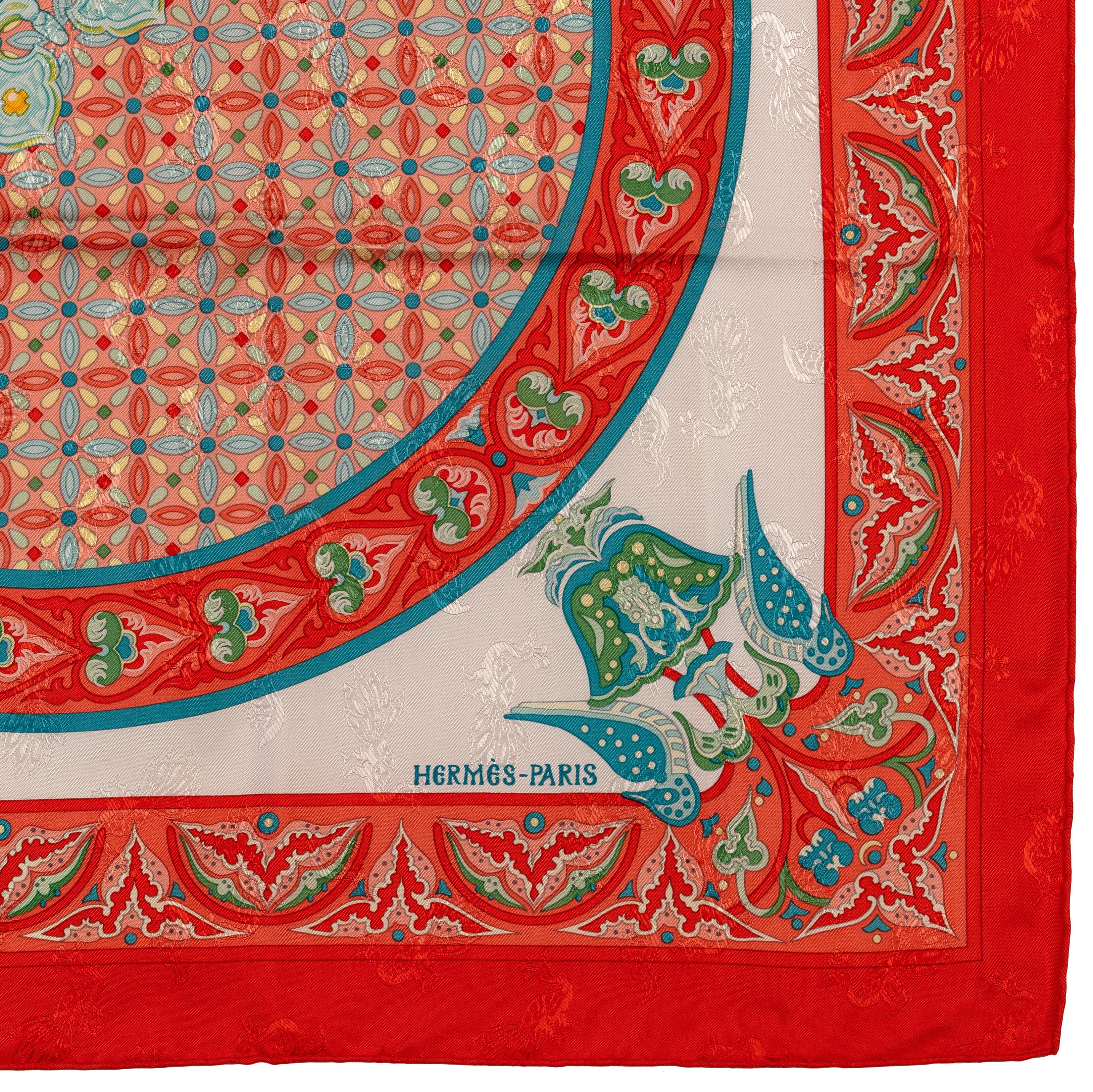 Auth. Hermes Silk Scarf Ciels Byzantins - Jacquard - Orange White Cerulean Mint! For Sale 6
