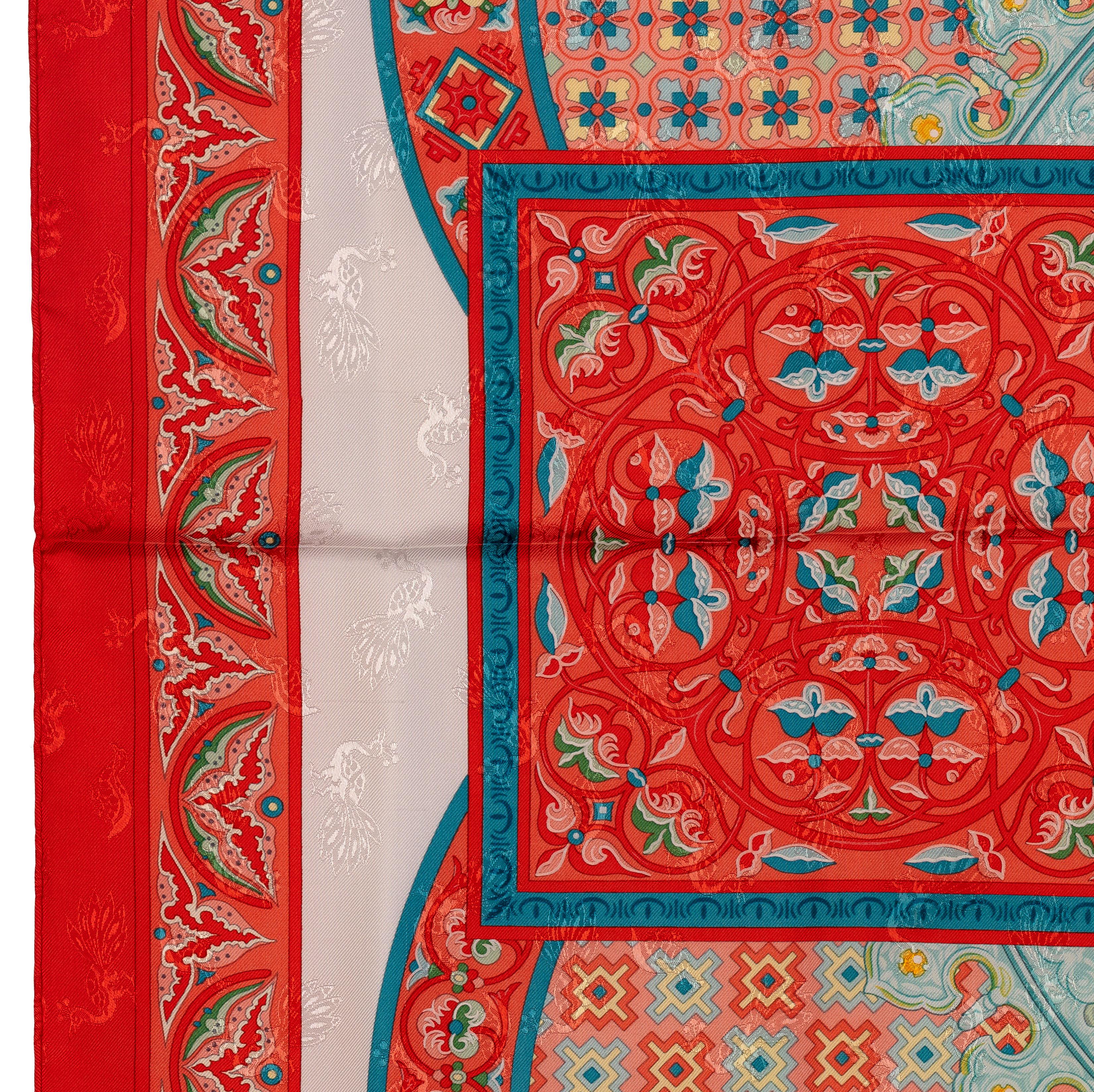 Auth. Hermes Silk Scarf Ciels Byzantins - Jacquard - Orange White Cerulean Mint! For Sale 1