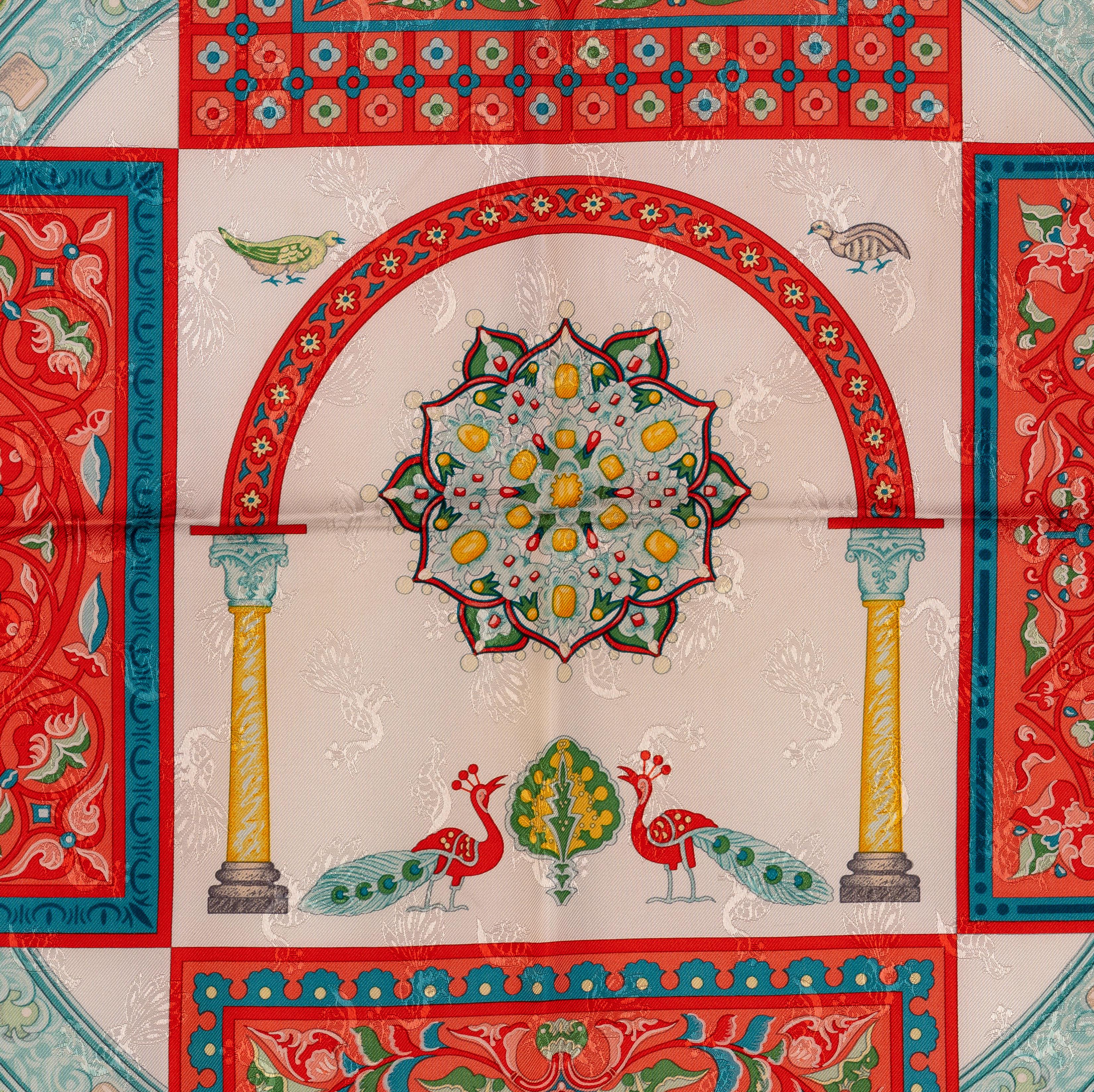 Auth. Hermes Silk Scarf Ciels Byzantins - Jacquard - Orange White Cerulean Mint! For Sale 2