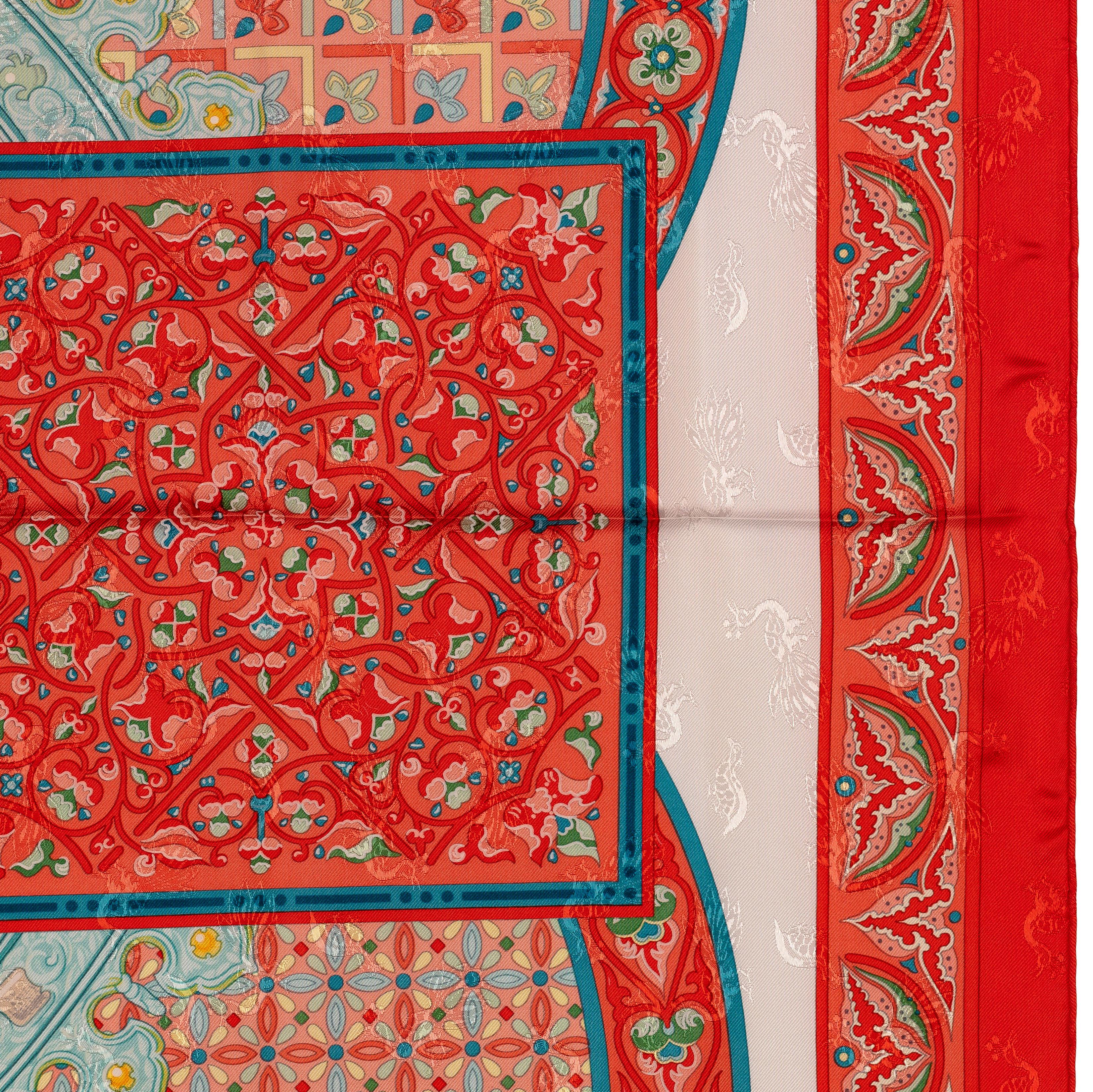 Auth. Hermes Silk Scarf Ciels Byzantins - Jacquard - Orange White Cerulean Mint! For Sale 3