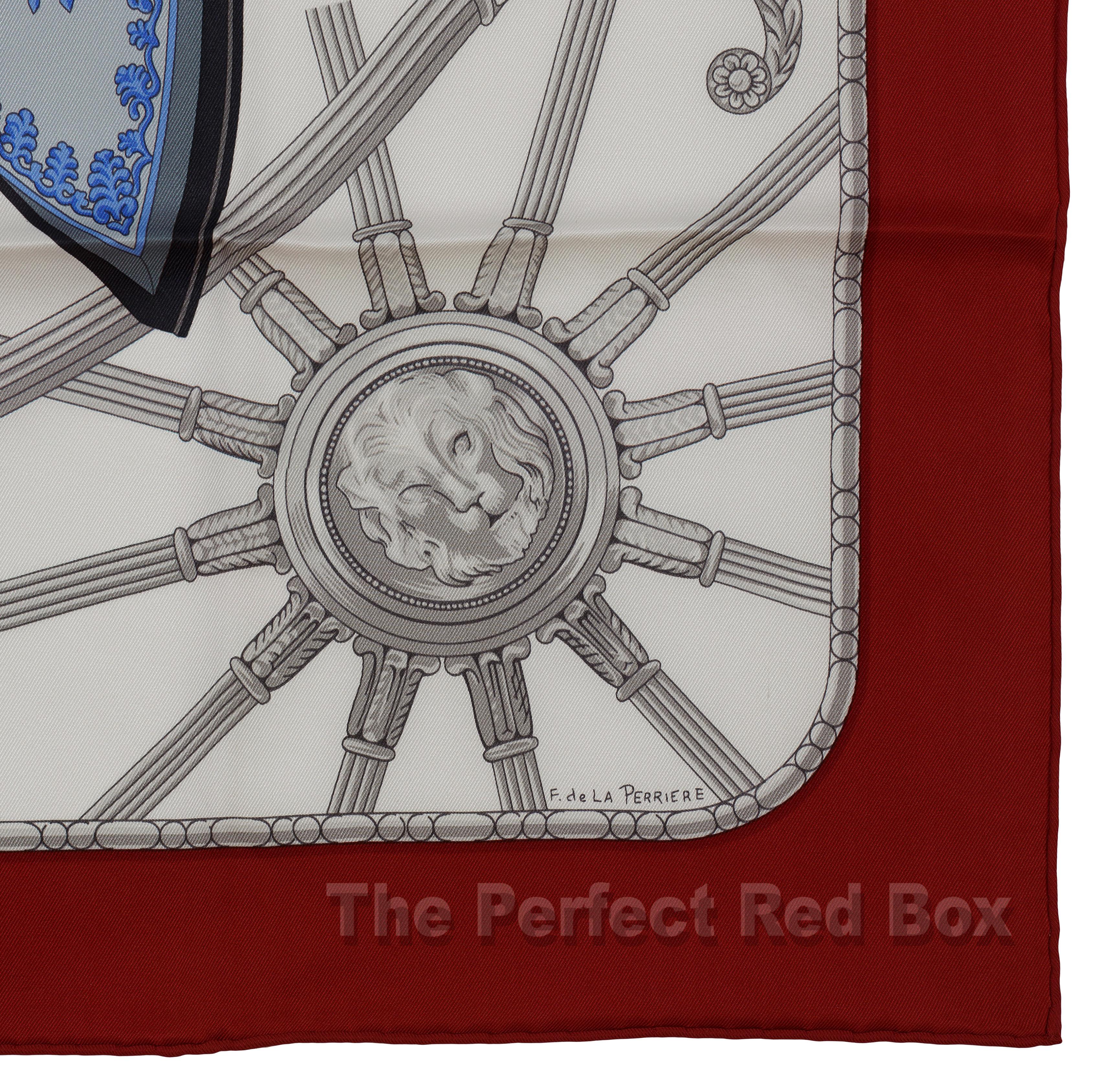 Aut. Hermès Pañuelo de Seda Coach - 70cm - Rojo oscuro Blanco Azul Ultramar - Nuevo en venta 6