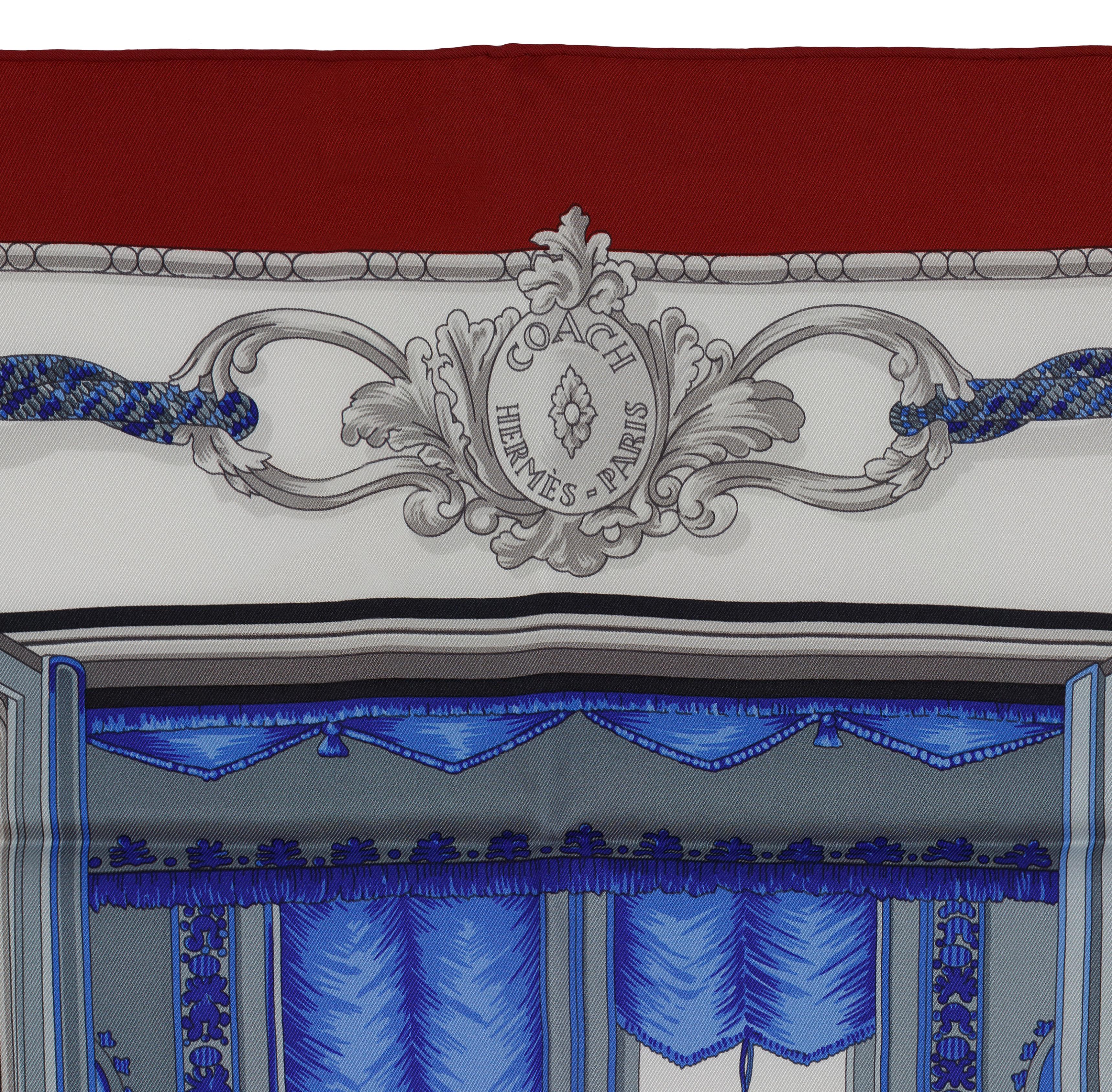 Aut. Hermès Pañuelo de Seda Coach - 70cm - Rojo oscuro Blanco Azul Ultramar - Nuevo en Nuevo estado para la venta en Ottawa, CA