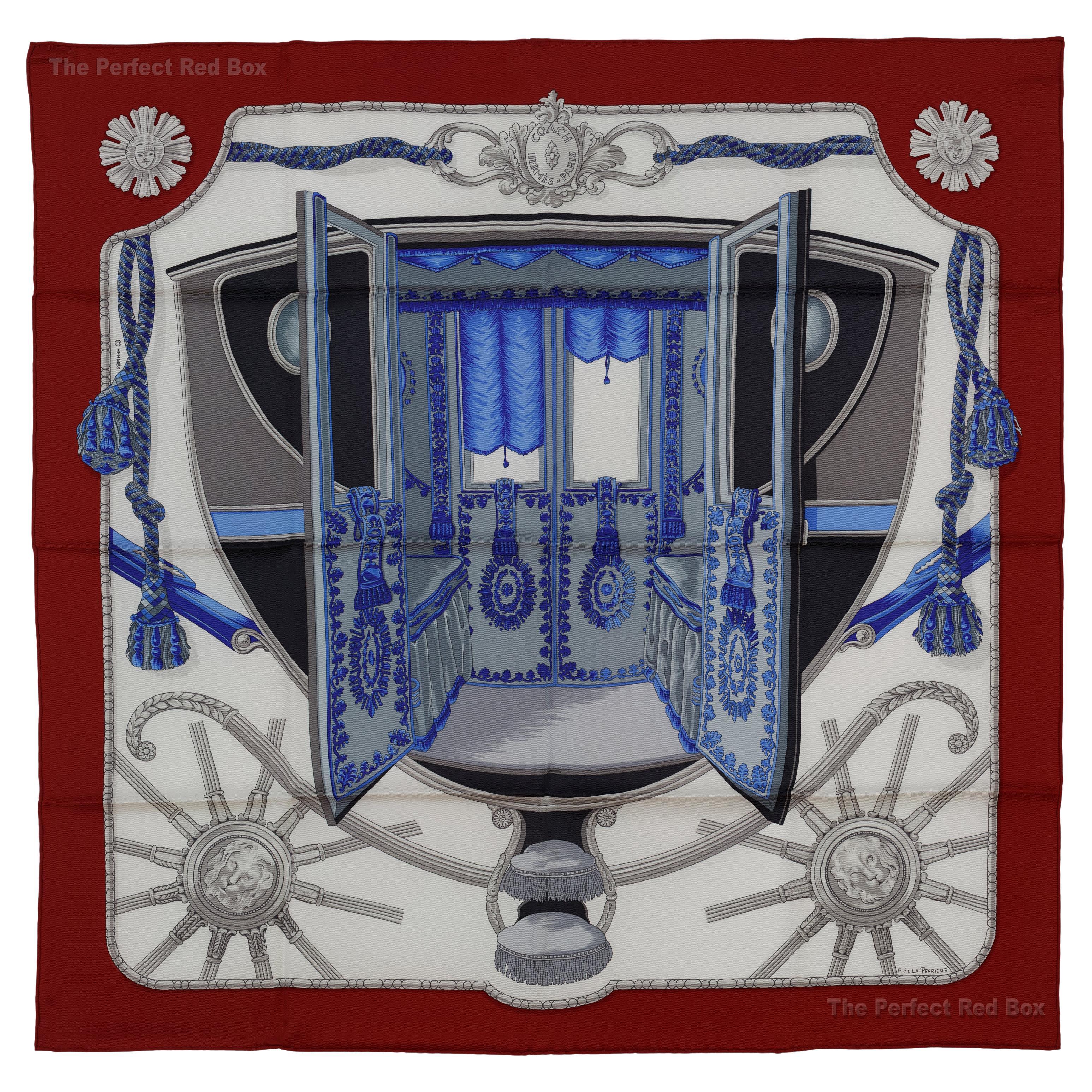 Aut. Hermès Pañuelo de Seda Coach - 70cm - Rojo oscuro Blanco Azul Ultramar - Nuevo en venta
