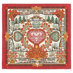 Auth. Hermès silk Scarf - Decoupages - Rouge Brique Vert Blanc Cassé - Rare!