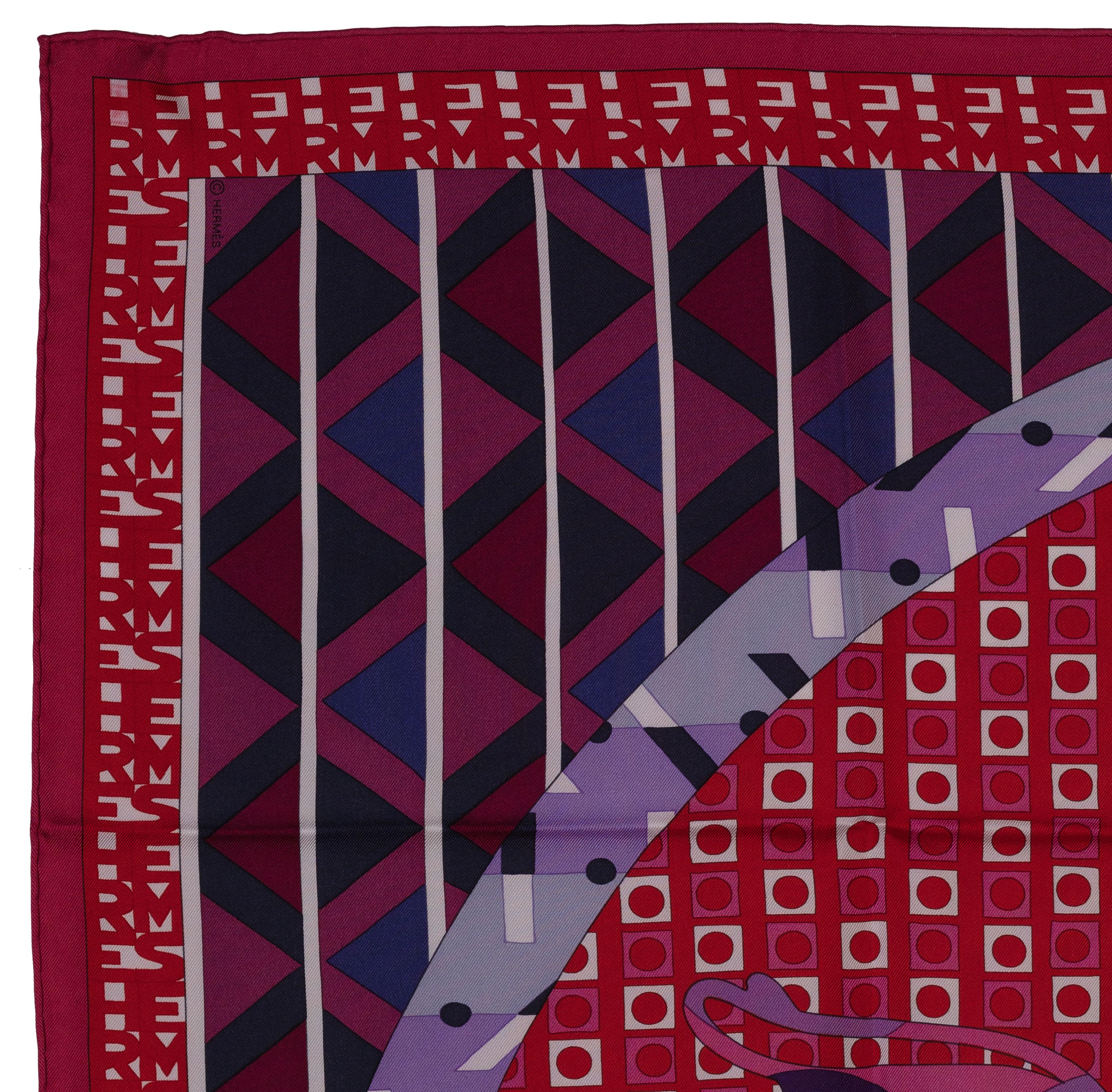 Auth. Hermes Sciarpa di seta Ex-Libris En Cravates - Framboise Violet Rouge NUOVO In condizioni Nuovo in vendita a Ottawa, CA