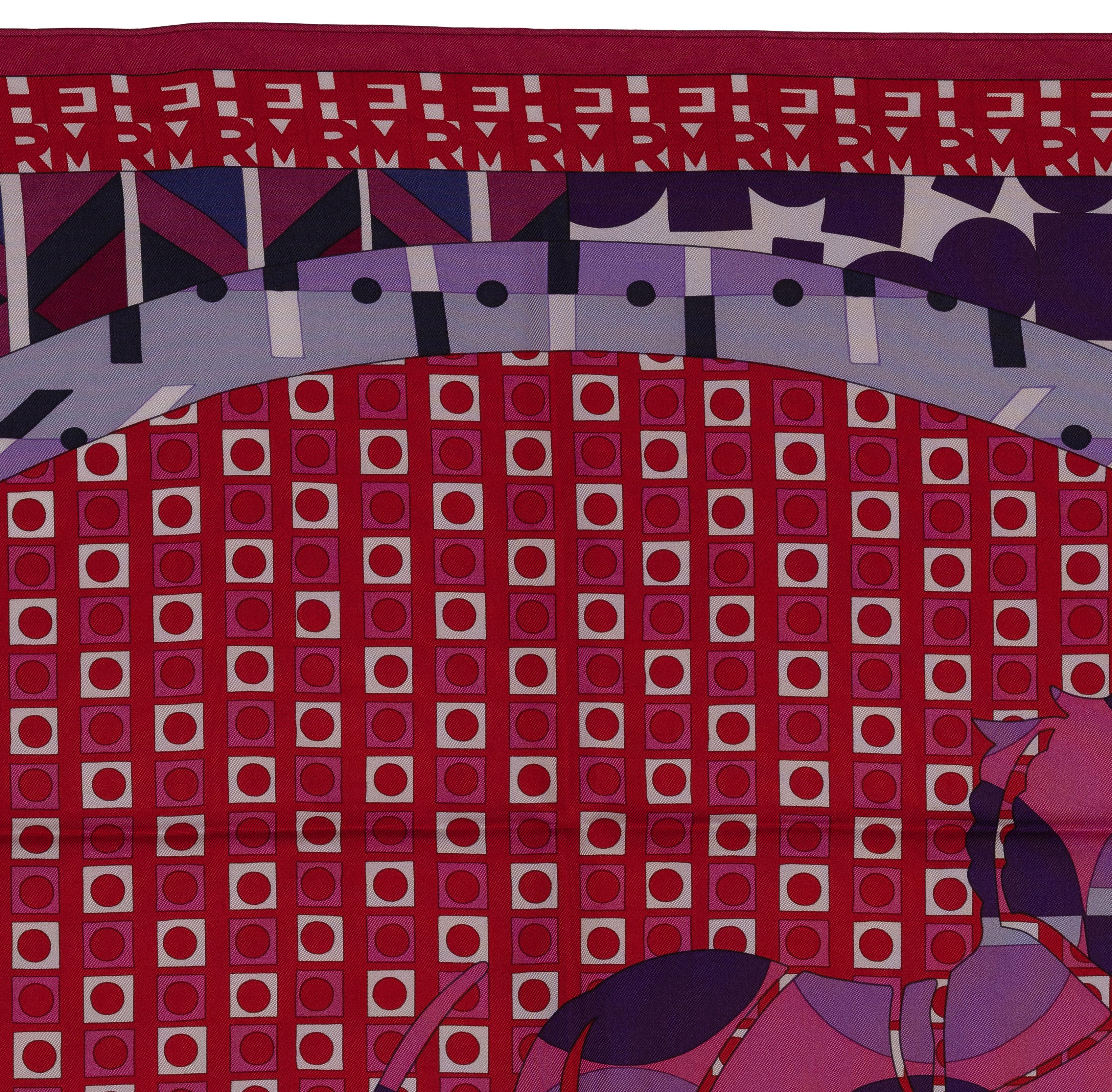Donna Auth. Hermes Sciarpa di seta Ex-Libris En Cravates - Framboise Violet Rouge NUOVO in vendita