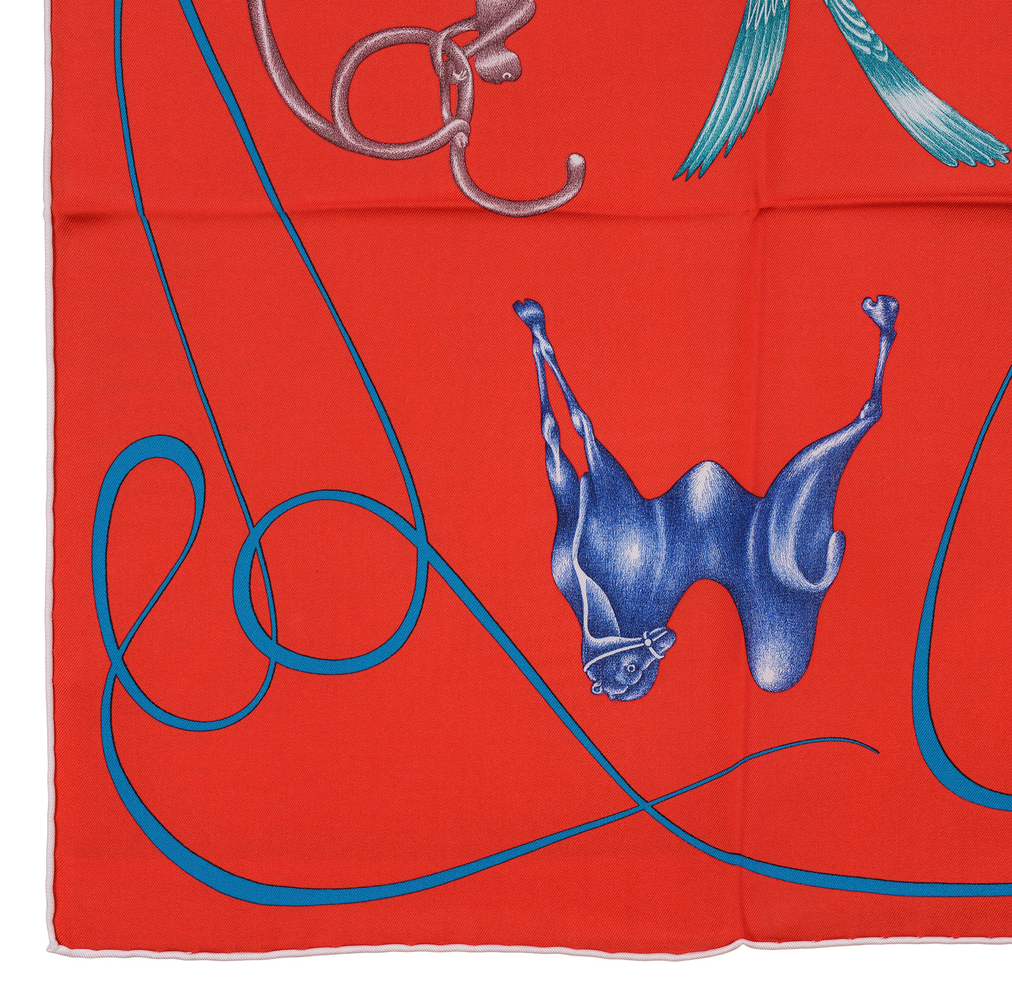Auth. Hermes Silk Scarf Faune Lettree - Rouge bleu canard NEW 6
