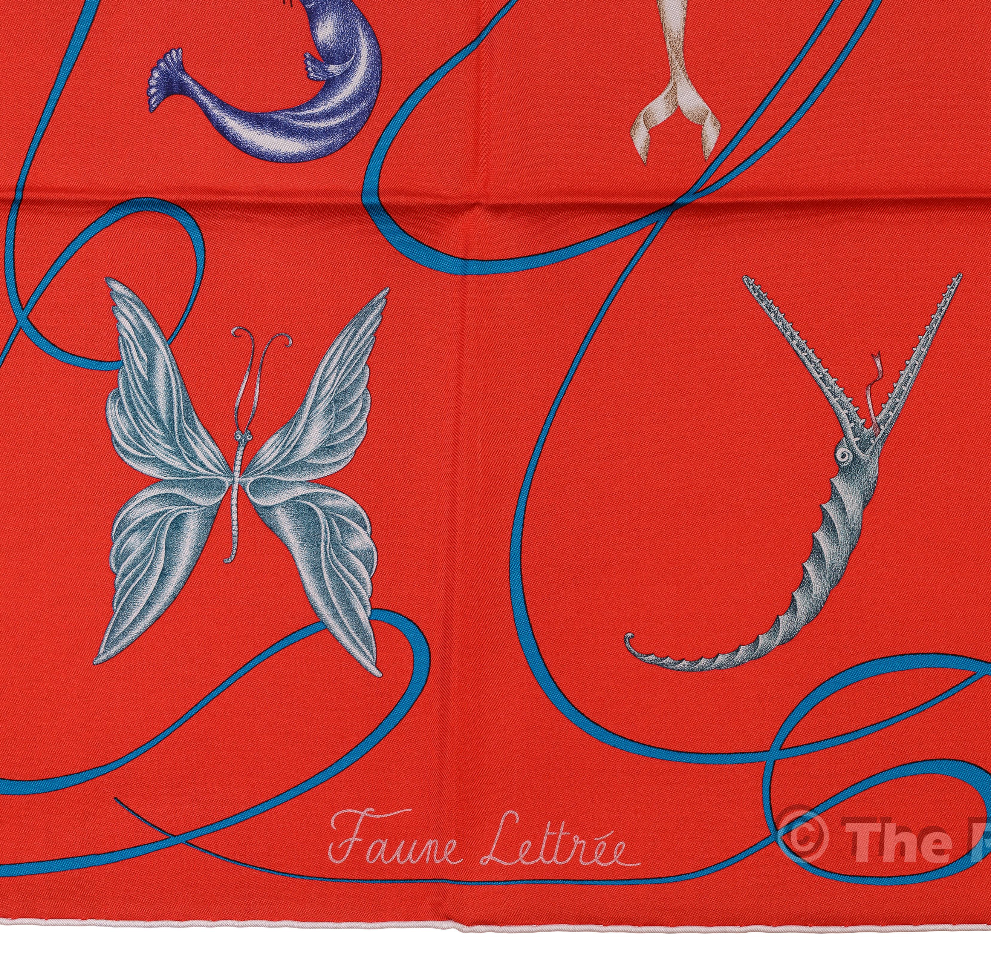 Auth. Hermes Silk Scarf Faune Lettree - Rouge bleu canard NEW 7
