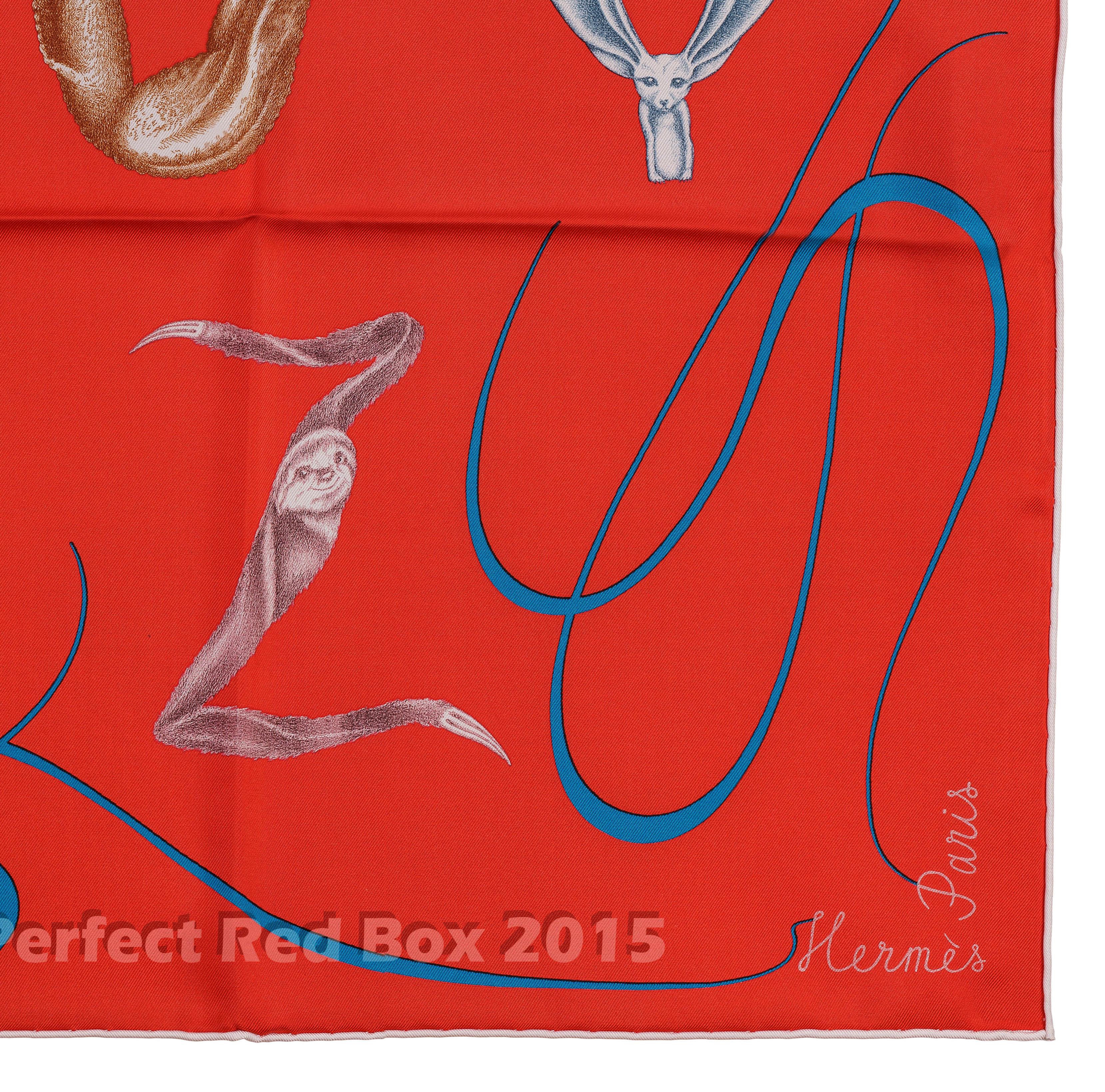 Auth. Hermes Silk Scarf Faune Lettree - Rouge bleu canard NEW 8